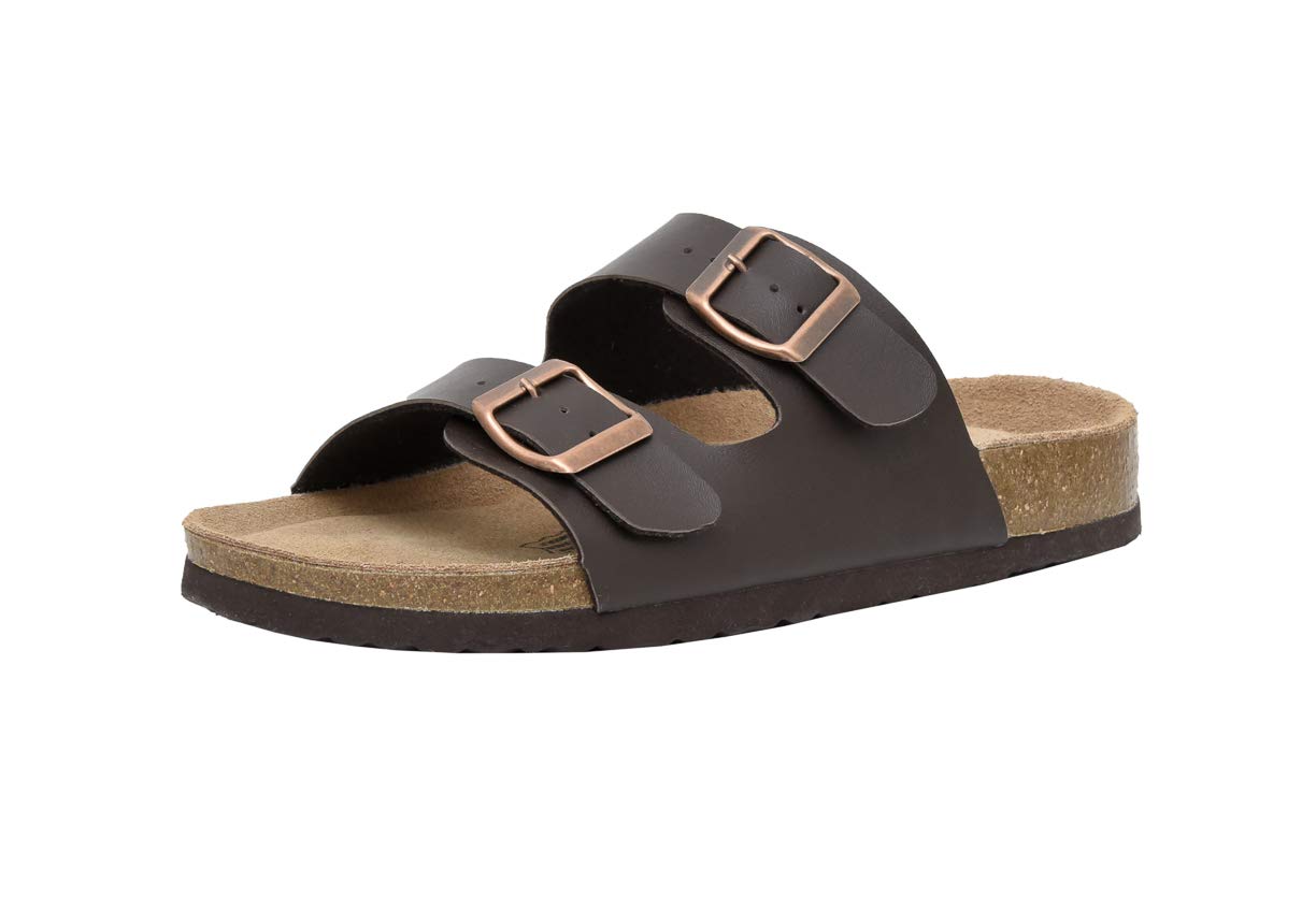 CUSHIONAIRE Lane Cork Footbed Sandals for Women – Comfortable Double Buckle Slip-On with Genuine Suede Footbed & Arch Support Slides for Women Footwear, BROWN 6