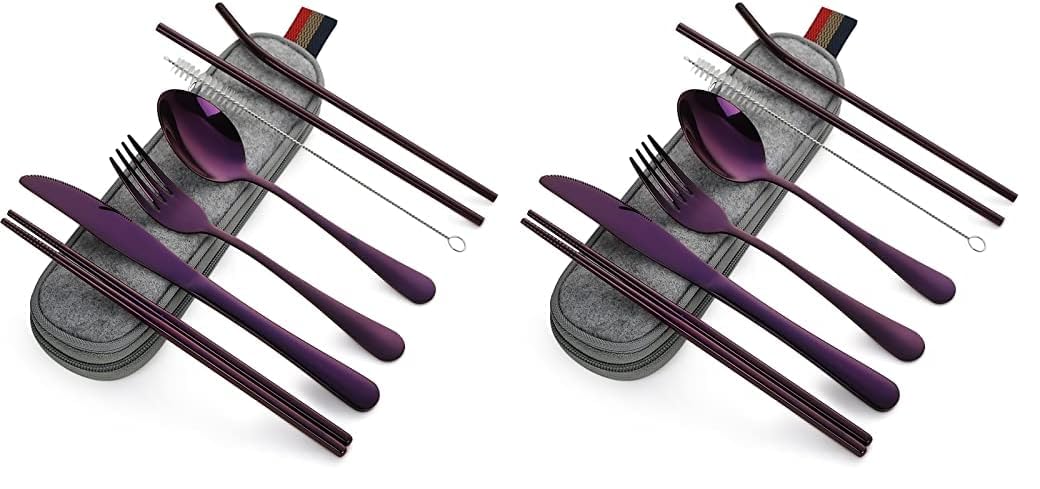 DEVICO Portable Utensils, Travel Camping Cutlery Set, 8-Piece including Knife Fork Spoon Chopsticks Cleaning Brush Straws Portable Case, Stainless Steel Flatware set (Silver)