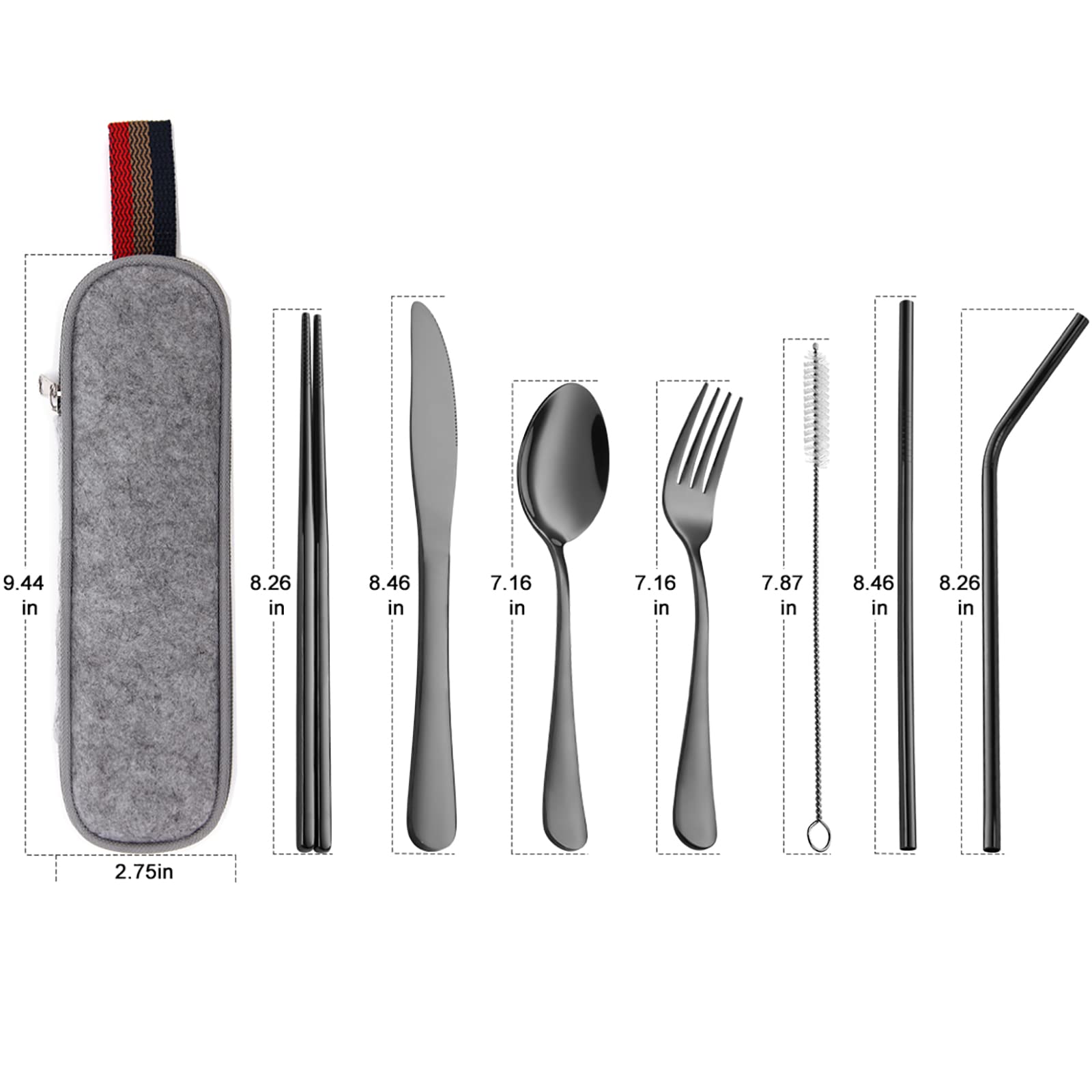 DEVICO Portable Utensils, Travel Camping Cutlery Set, 8-Piece including Knife Fork Spoon Chopsticks Cleaning Brush Straws Portable Case, Stainless Steel Flatware set (Silver)