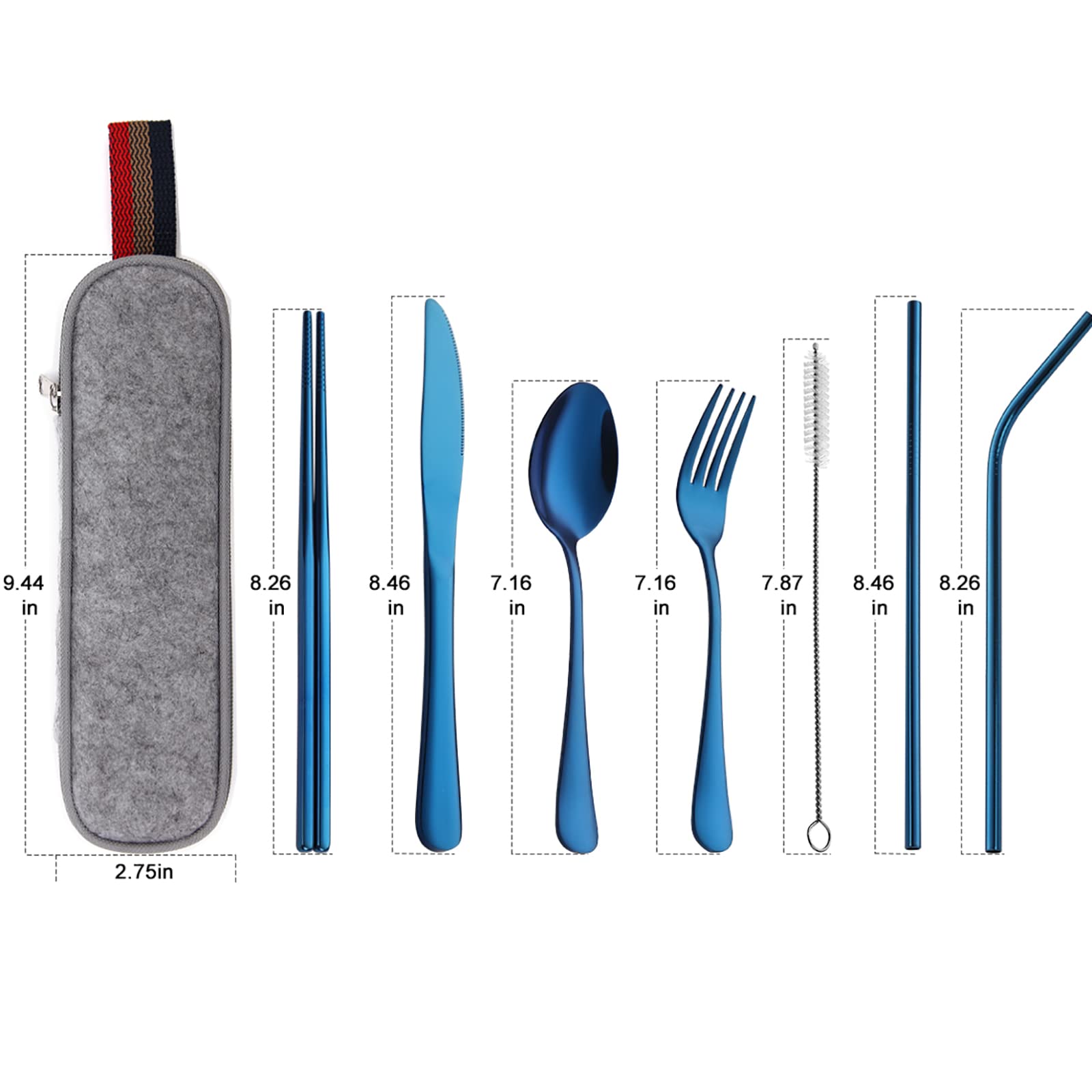 DEVICO Portable Utensils, Travel Camping Cutlery Set, 8-Piece including Knife Fork Spoon Chopsticks Cleaning Brush Straws Portable Case, Stainless Steel Flatware set (Silver)