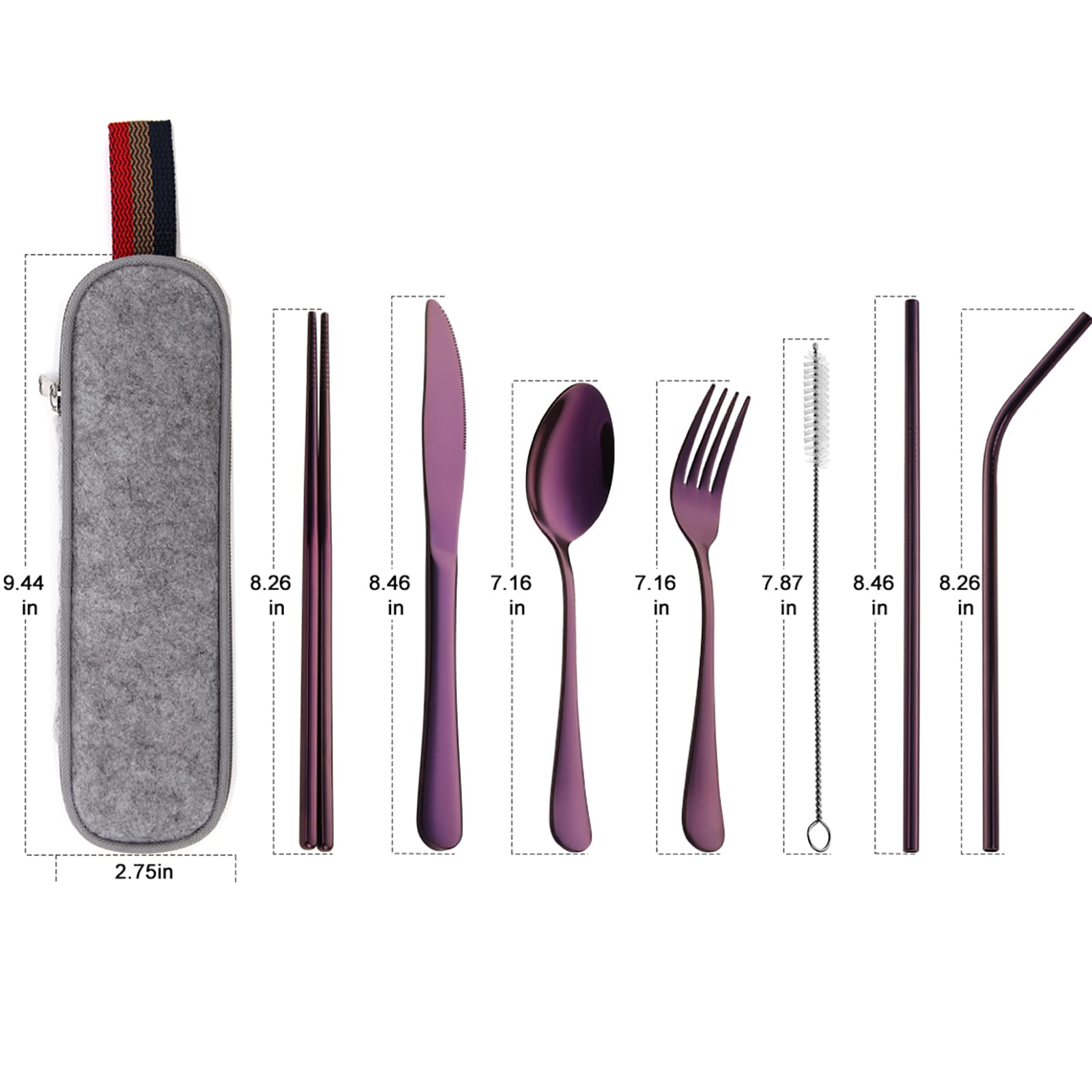 DEVICO Portable Utensils, Travel Camping Cutlery Set, 8-Piece including Knife Fork Spoon Chopsticks Cleaning Brush Straws Portable Case, Stainless Steel Flatware set (Silver)