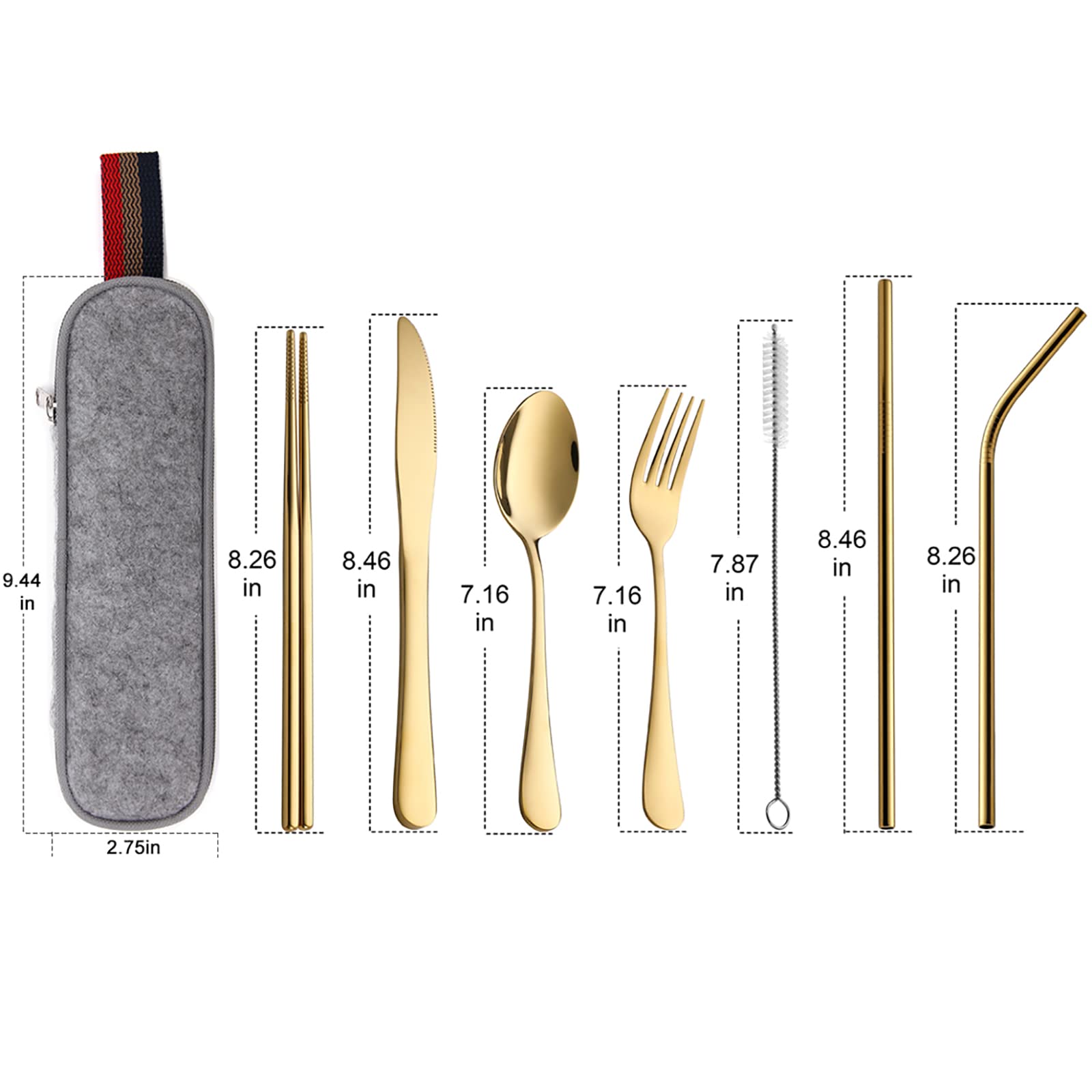 DEVICO Portable Utensils, Travel Camping Cutlery Set, 8-Piece including Knife Fork Spoon Chopsticks Cleaning Brush Straws Portable Case, Stainless Steel Flatware set (Silver)