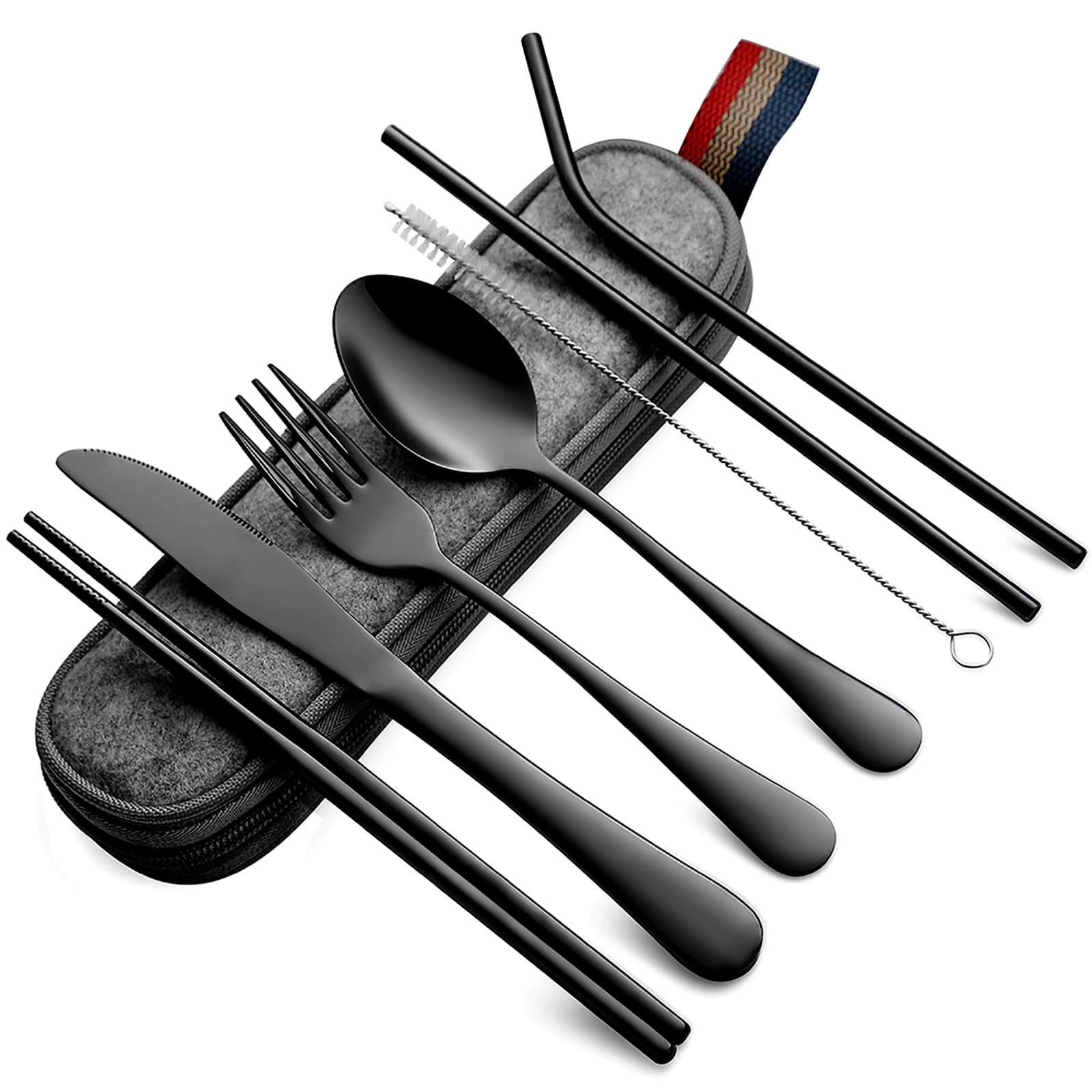 DEVICO Portable Utensils, Travel Camping Cutlery Set, 8-Piece including Knife Fork Spoon Chopsticks Cleaning Brush Straws Portable Case, Stainless Steel Flatware set (Silver)