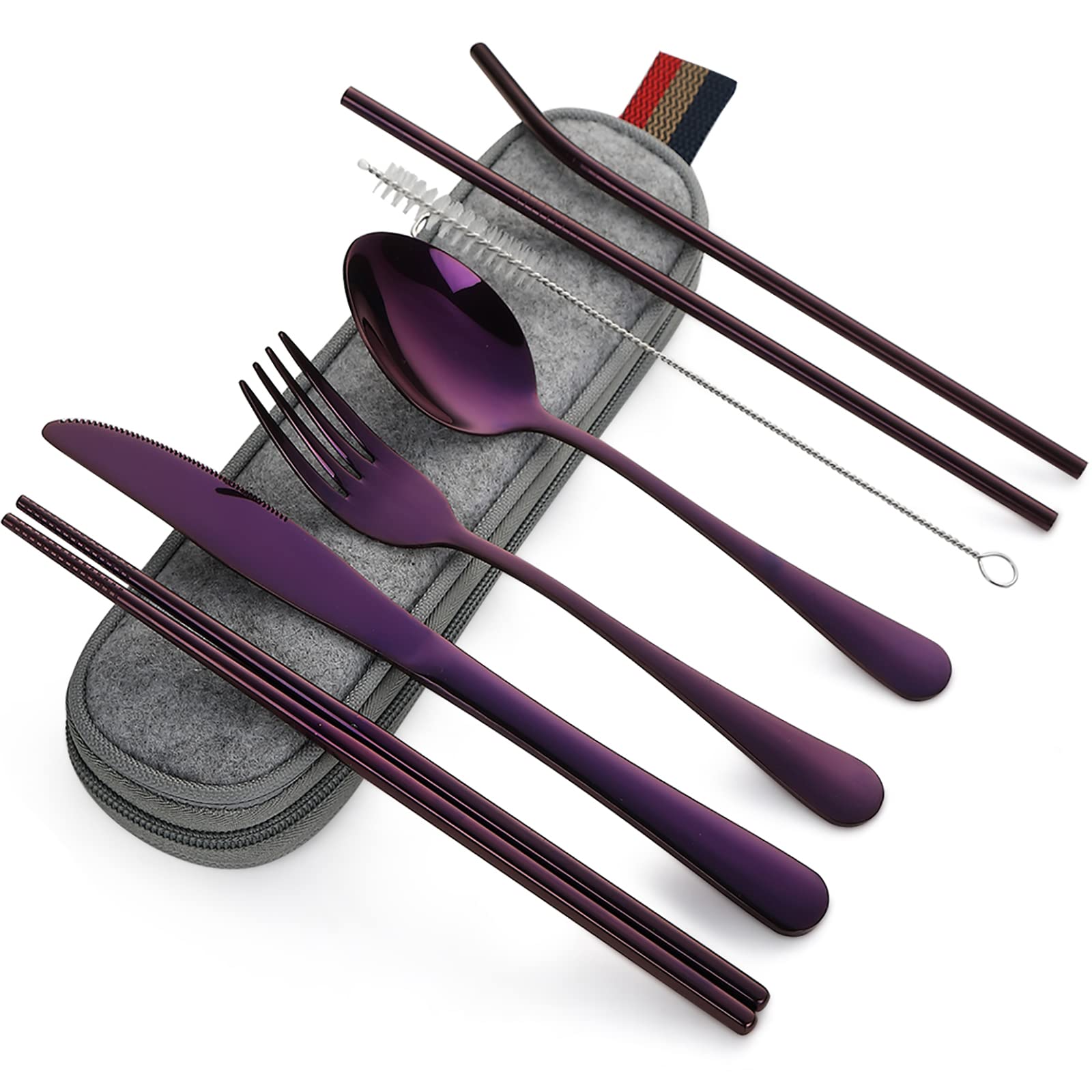 DEVICO Portable Utensils, Travel Camping Cutlery Set, 8-Piece including Knife Fork Spoon Chopsticks Cleaning Brush Straws Portable Case, Stainless Steel Flatware set (Silver)