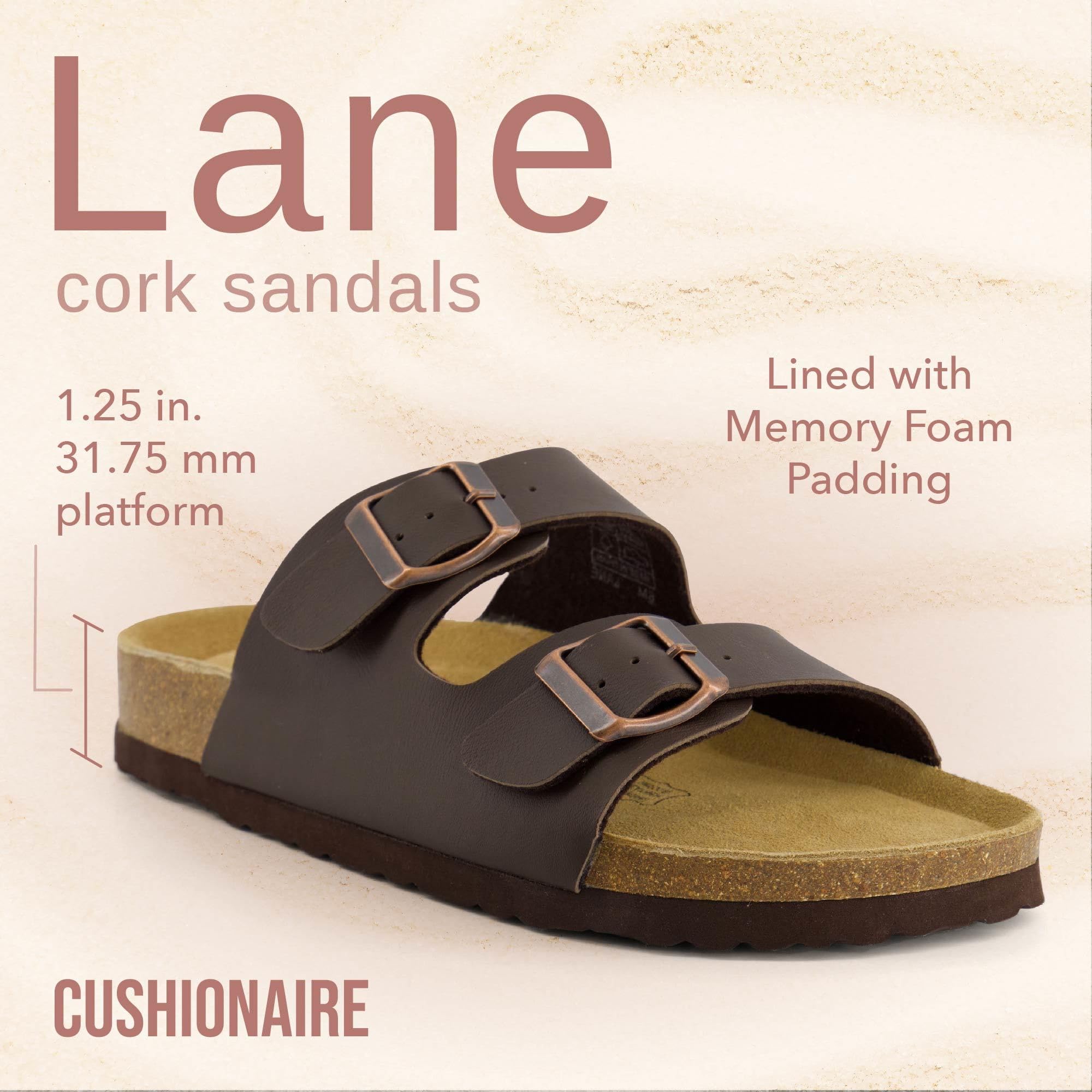 CUSHIONAIRE Lane Cork Footbed Sandals for Women – Comfortable Double Buckle Slip-On with Genuine Suede Footbed & Arch Support Slides for Women Footwear, BROWN 6