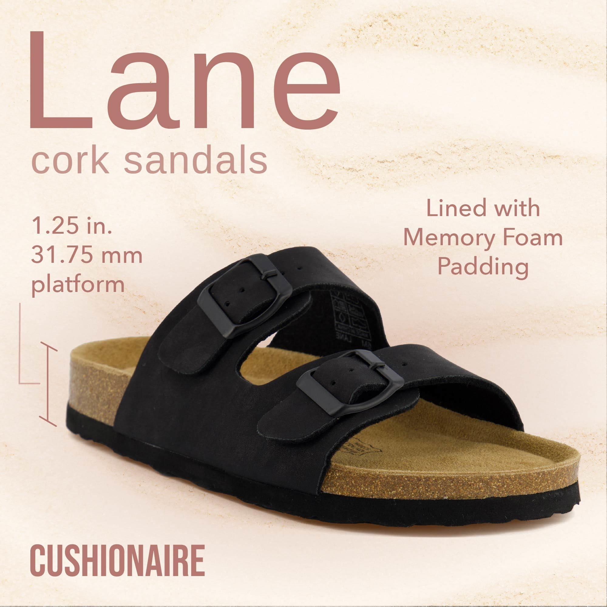 CUSHIONAIRE Lane Cork Footbed Sandals for Women – Comfortable Double Buckle Slip-On with Genuine Suede Footbed & Arch Support Slides for Women Footwear, BROWN 6