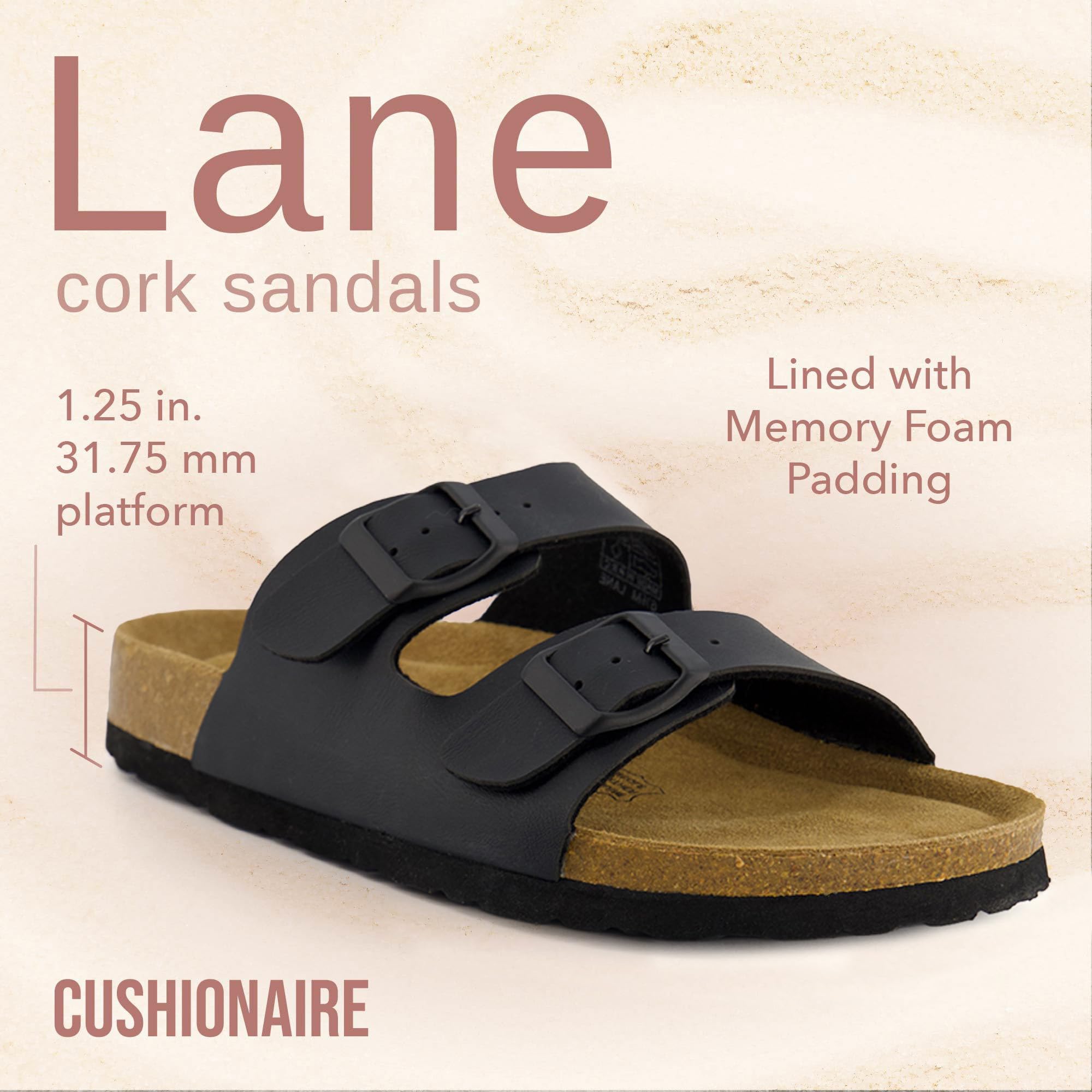 CUSHIONAIRE Lane Cork Footbed Sandals for Women – Comfortable Double Buckle Slip-On with Genuine Suede Footbed & Arch Support Slides for Women Footwear, BROWN 6
