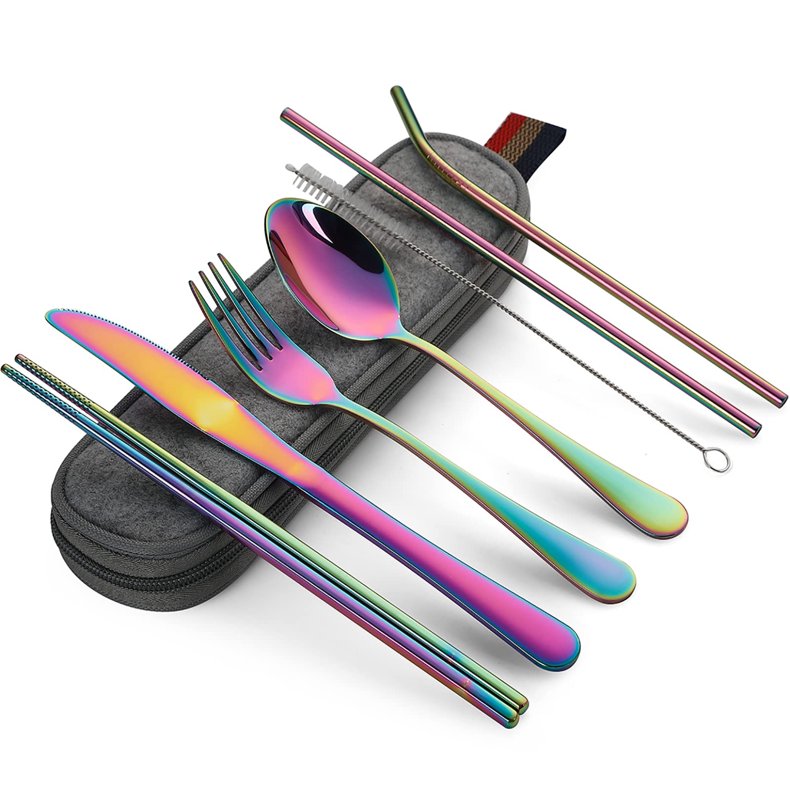 DEVICO Portable Utensils, Travel Camping Cutlery Set, 8-Piece including Knife Fork Spoon Chopsticks Cleaning Brush Straws Portable Case, Stainless Steel Flatware set (Silver)