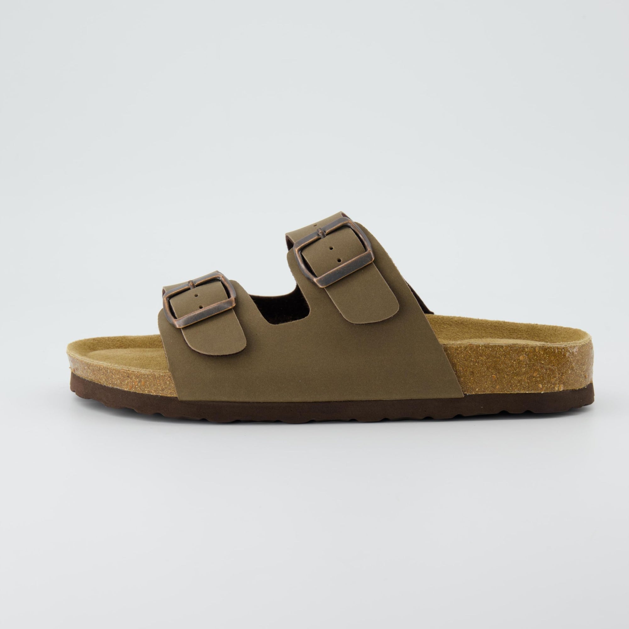CUSHIONAIRE Lane Cork Footbed Sandals for Women – Comfortable Double Buckle Slip-On with Genuine Suede Footbed & Arch Support Slides for Women Footwear, BROWN 6
