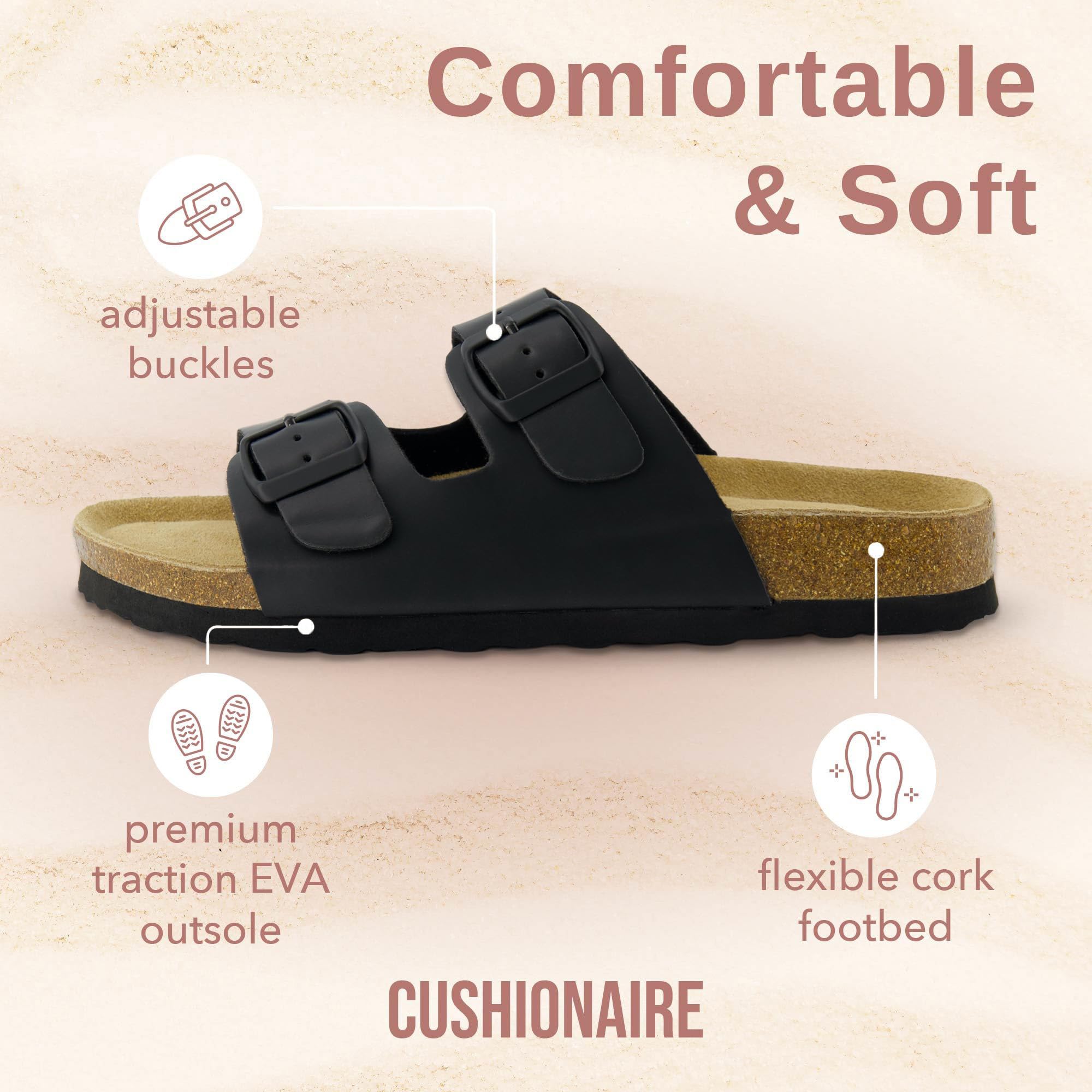 CUSHIONAIRE Lane Cork Footbed Sandals for Women – Comfortable Double Buckle Slip-On with Genuine Suede Footbed & Arch Support Slides for Women Footwear, BROWN 6