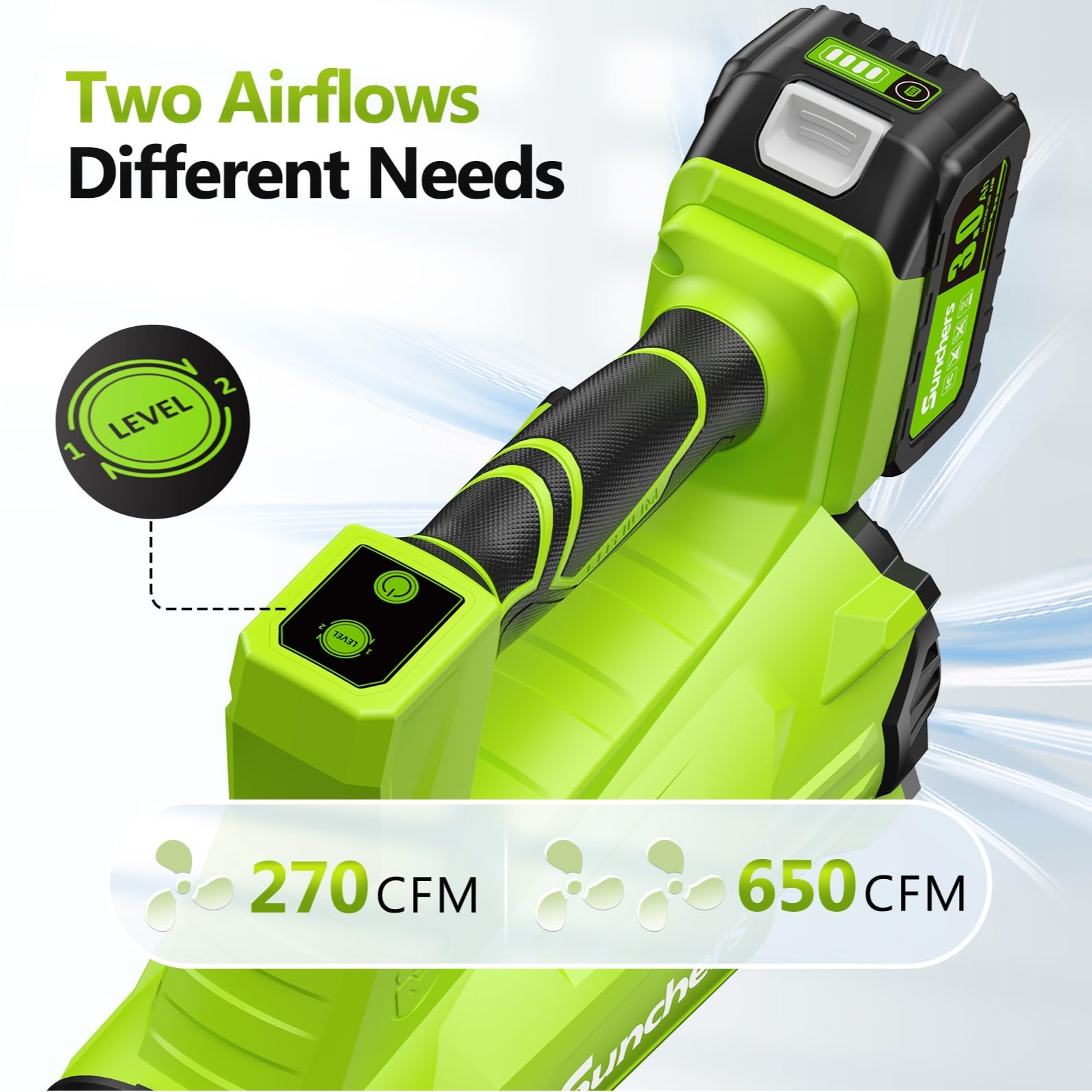 Electric Leaf Blower Cordless with 2 3.0Ah Battery and Charger, 2 Speed Mode 650CFM 280MPH Patio Tools with 2 Tubes, 20V Battery Powered Leaf Cleaner Handheld Blowers for Lawn Care, Dust, Leaves, Yard