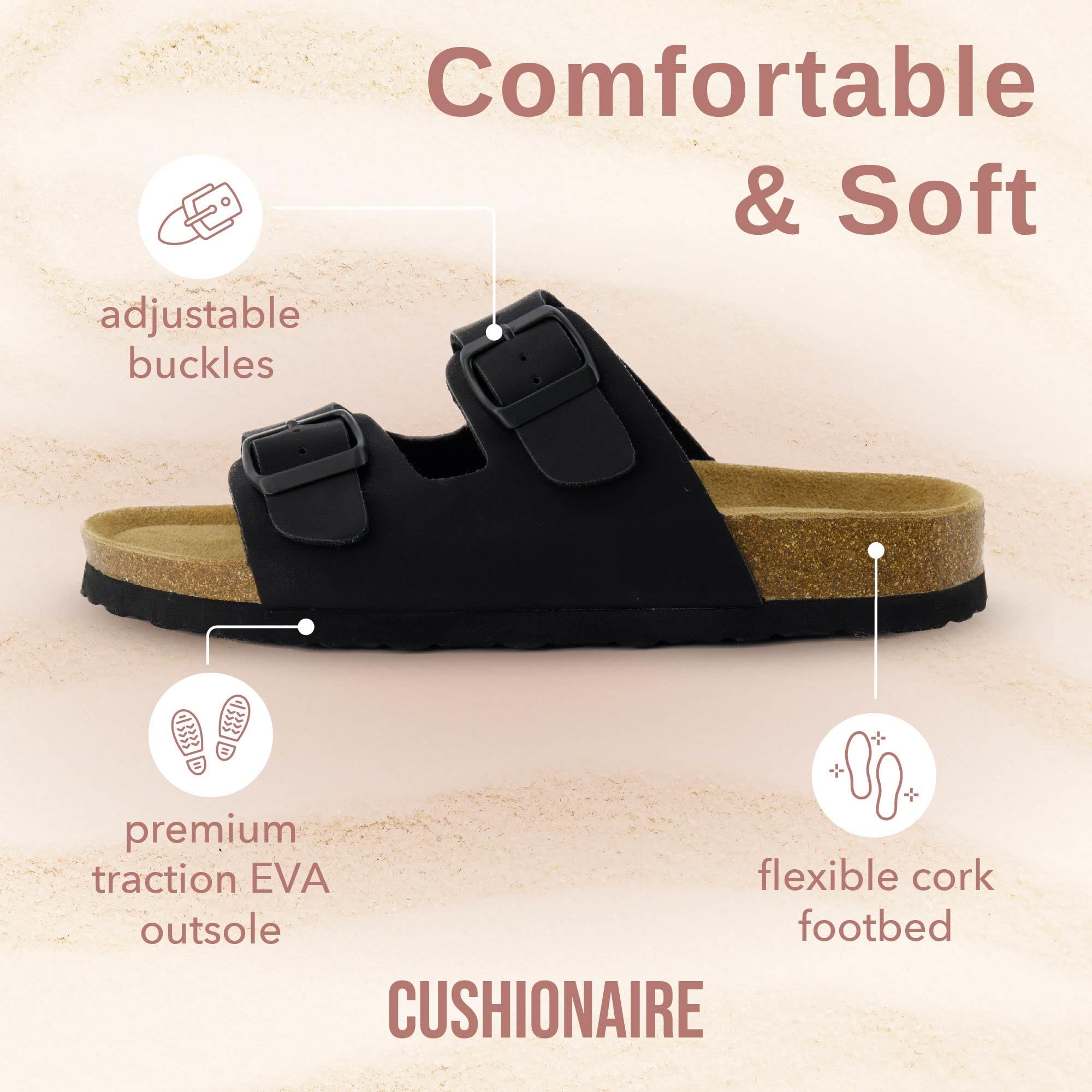 CUSHIONAIRE Lane Cork Footbed Sandals for Women – Comfortable Double Buckle Slip-On with Genuine Suede Footbed & Arch Support Slides for Women Footwear, BROWN 6