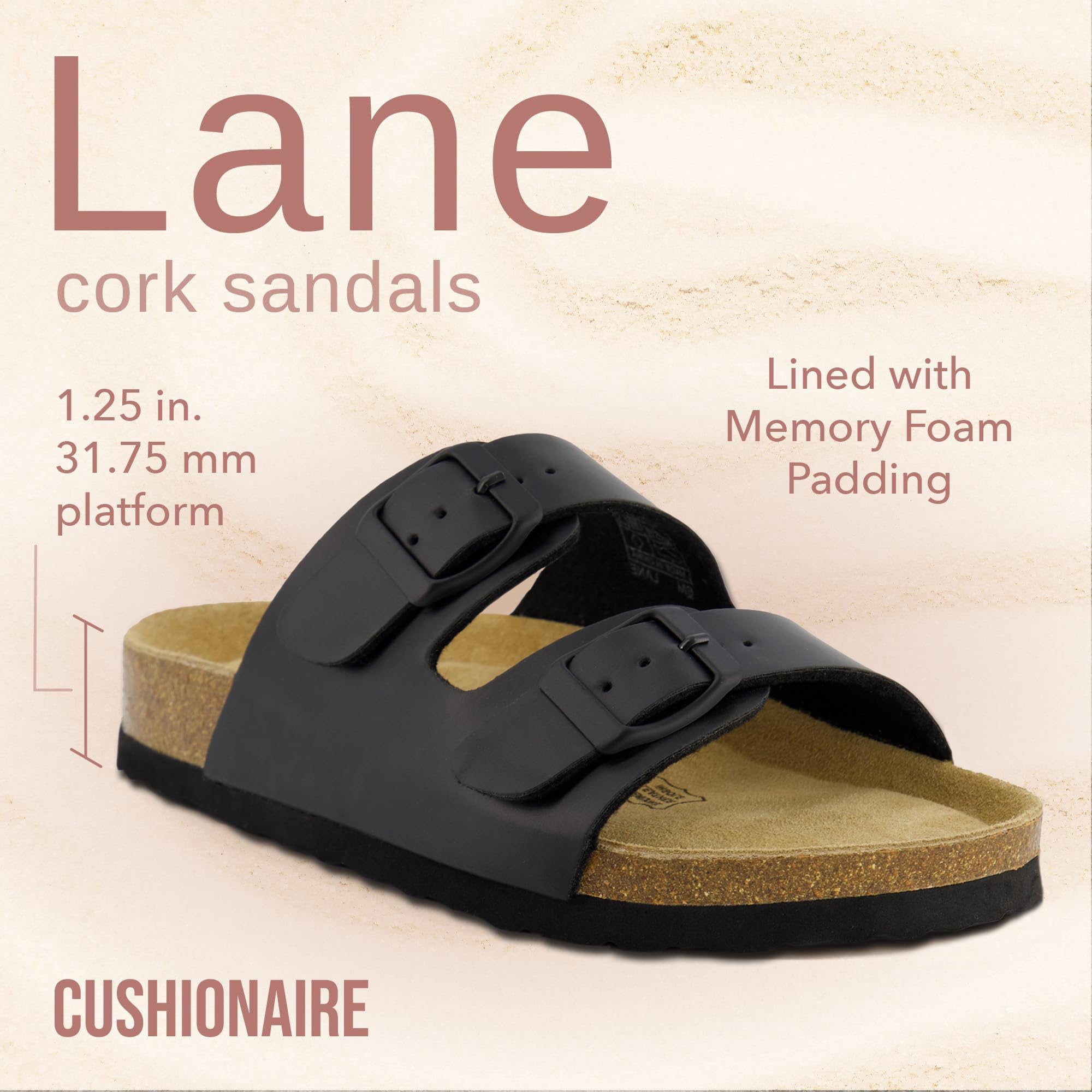 CUSHIONAIRE Lane Cork Footbed Sandals for Women – Comfortable Double Buckle Slip-On with Genuine Suede Footbed & Arch Support Slides for Women Footwear, BROWN 6