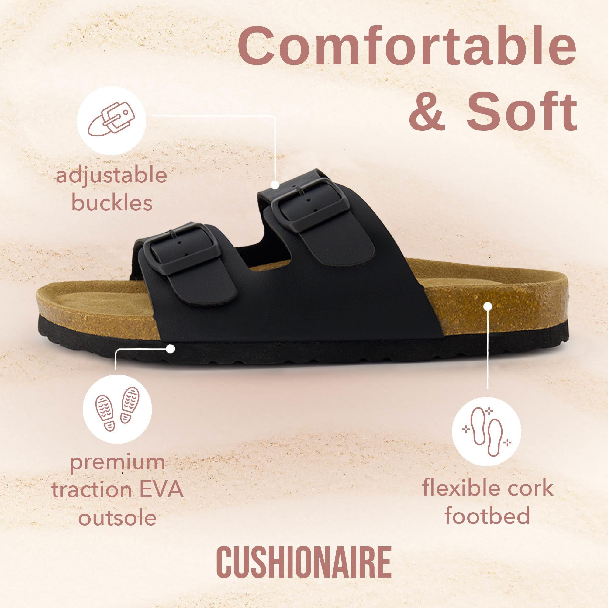 CUSHIONAIRE Lane Cork Footbed Sandals for Women – Comfortable Double Buckle Slip-On with Genuine Suede Footbed & Arch Support Slides for Women Footwear, BROWN 6