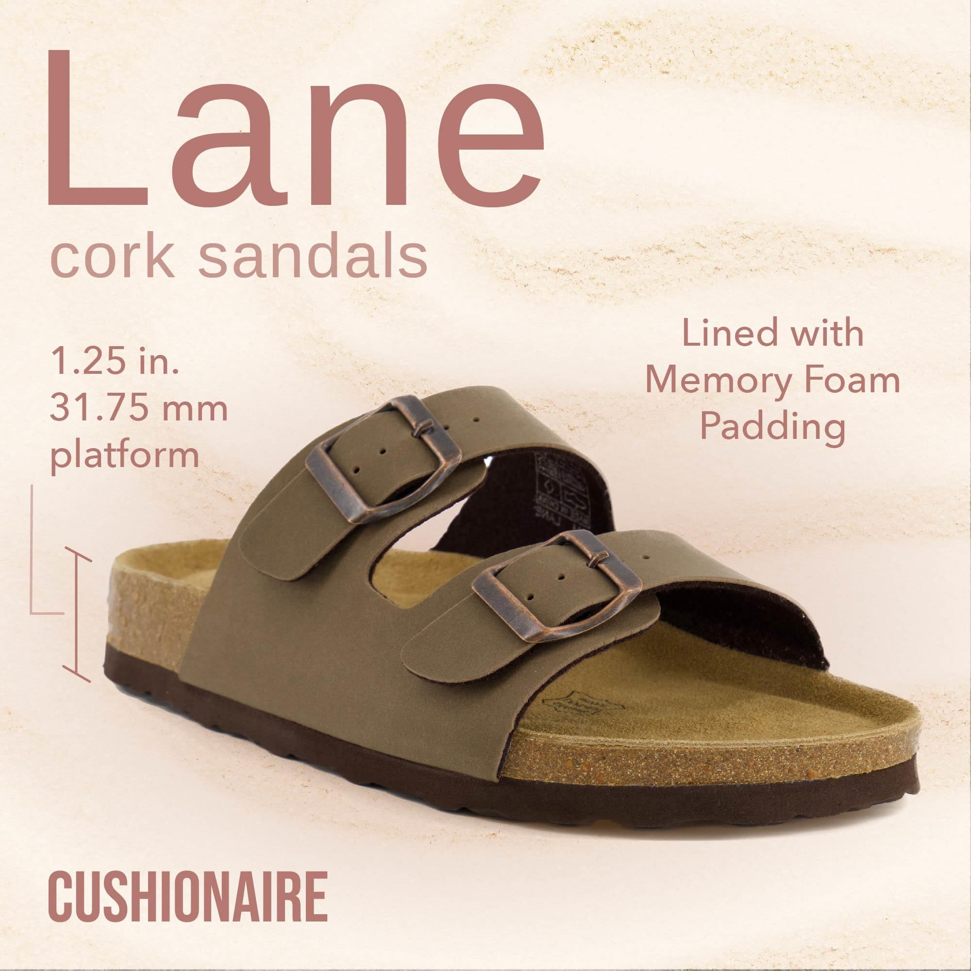 CUSHIONAIRE Lane Cork Footbed Sandals for Women – Comfortable Double Buckle Slip-On with Genuine Suede Footbed & Arch Support Slides for Women Footwear, BROWN 6
