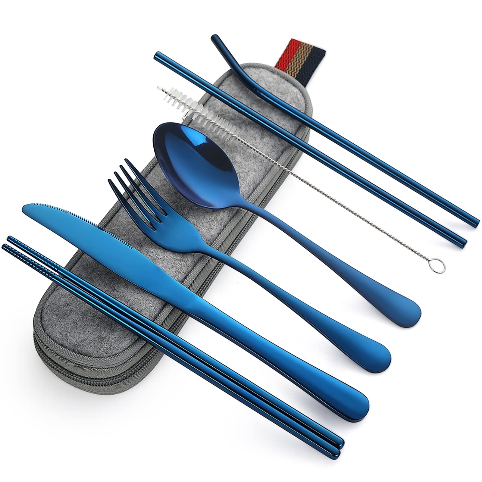 DEVICO Portable Utensils, Travel Camping Cutlery Set, 8-Piece including Knife Fork Spoon Chopsticks Cleaning Brush Straws Portable Case, Stainless Steel Flatware set (Silver)