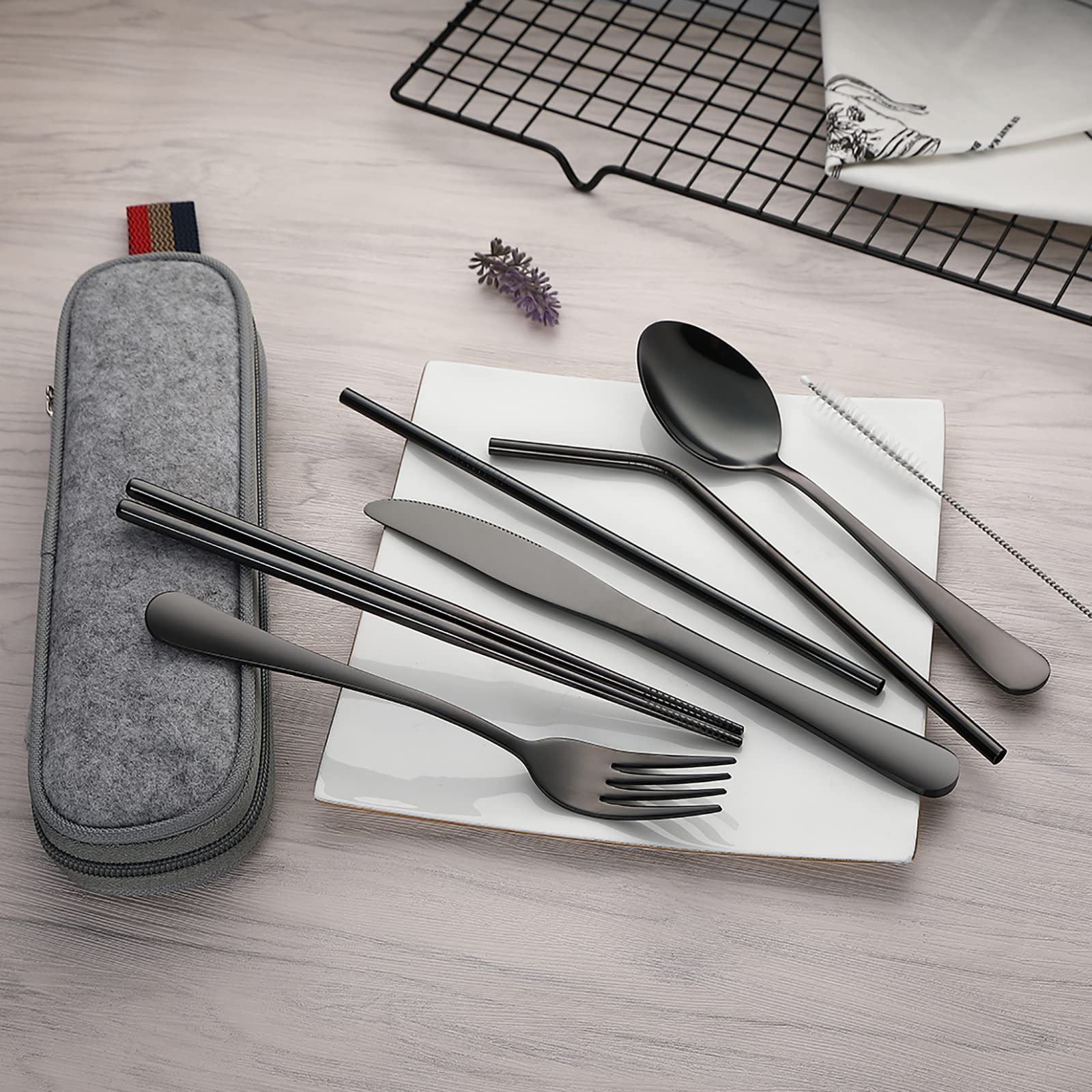 DEVICO Portable Utensils, Travel Camping Cutlery Set, 8-Piece including Knife Fork Spoon Chopsticks Cleaning Brush Straws Portable Case, Stainless Steel Flatware set (Silver)