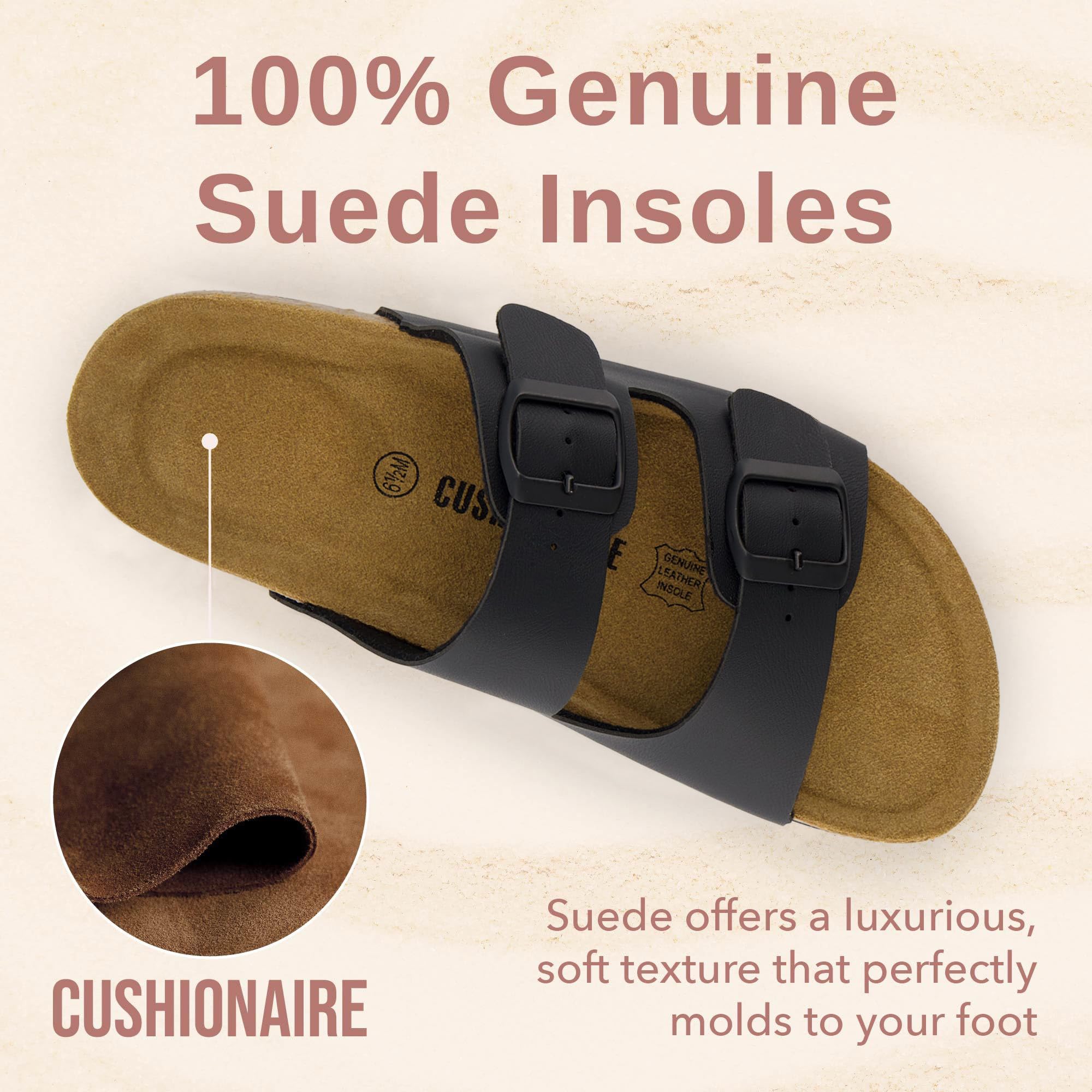 CUSHIONAIRE Lane Cork Footbed Sandals for Women – Comfortable Double Buckle Slip-On with Genuine Suede Footbed & Arch Support Slides for Women Footwear, BROWN 6