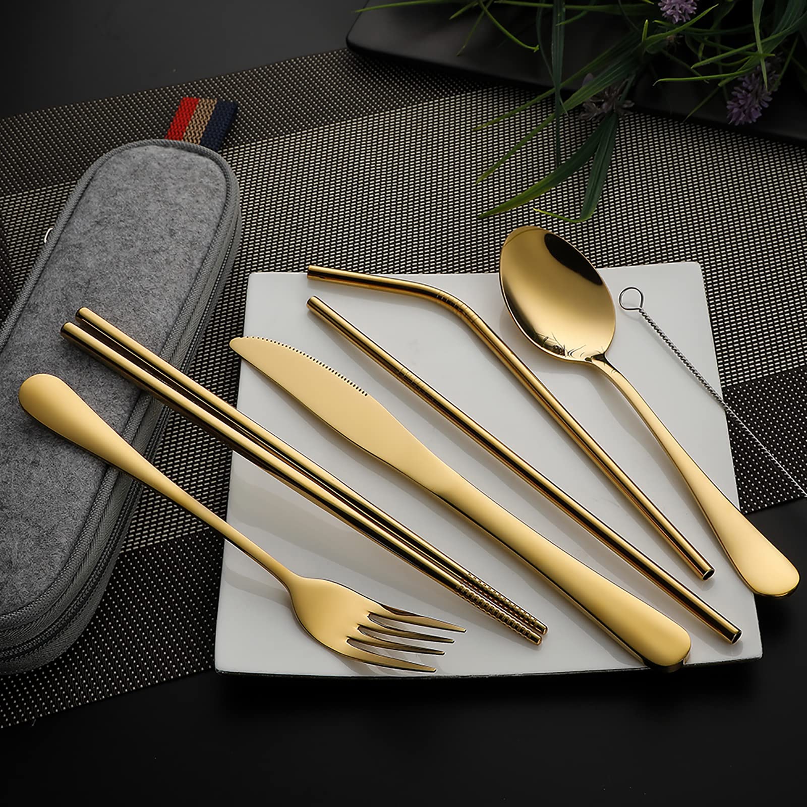 DEVICO Portable Utensils, Travel Camping Cutlery Set, 8-Piece including Knife Fork Spoon Chopsticks Cleaning Brush Straws Portable Case, Stainless Steel Flatware set (Silver)