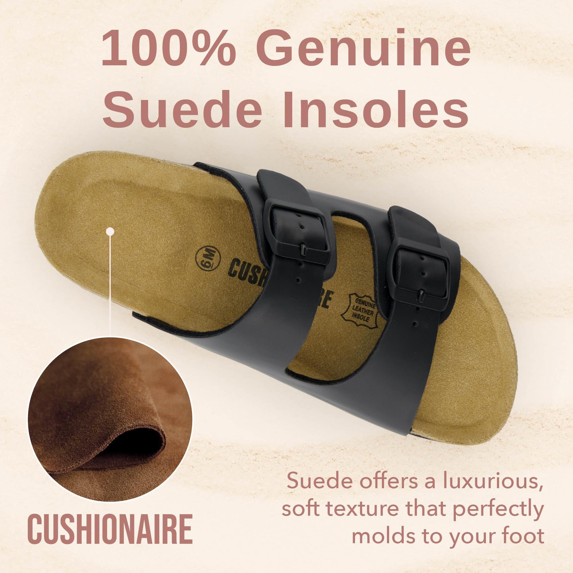 CUSHIONAIRE Lane Cork Footbed Sandals for Women – Comfortable Double Buckle Slip-On with Genuine Suede Footbed & Arch Support Slides for Women Footwear, BROWN 6