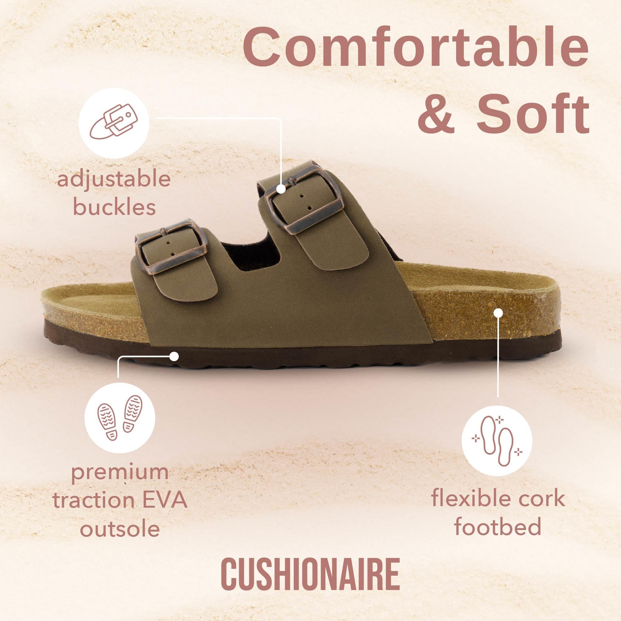 CUSHIONAIRE Lane Cork Footbed Sandals for Women – Comfortable Double Buckle Slip-On with Genuine Suede Footbed & Arch Support Slides for Women Footwear, BROWN 6