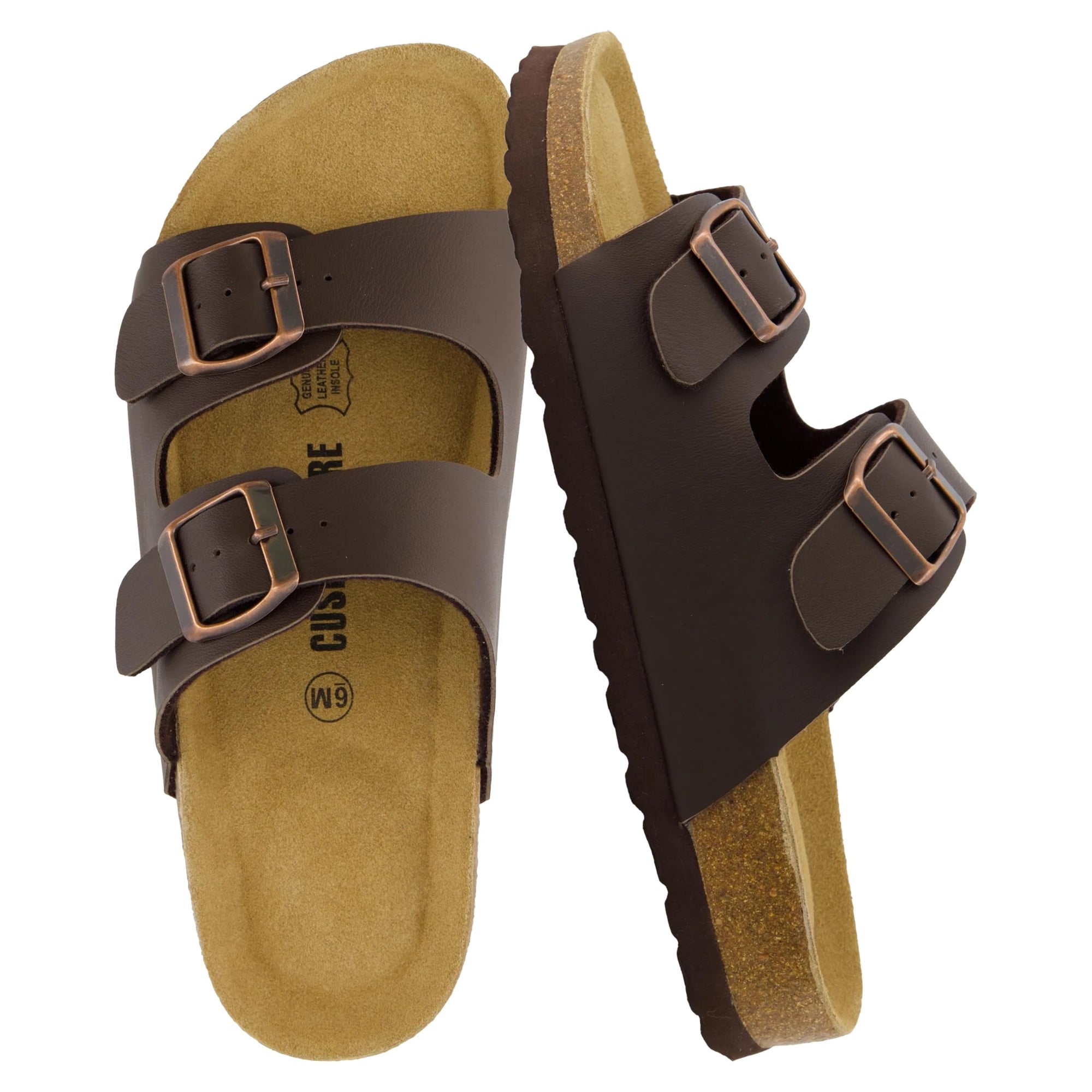 CUSHIONAIRE Lane Cork Footbed Sandals for Women – Comfortable Double Buckle Slip-On with Genuine Suede Footbed & Arch Support Slides for Women Footwear, BROWN 6