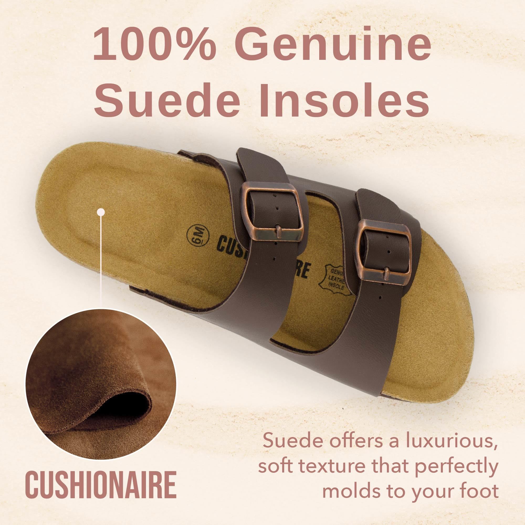 CUSHIONAIRE Lane Cork Footbed Sandals for Women – Comfortable Double Buckle Slip-On with Genuine Suede Footbed & Arch Support Slides for Women Footwear, BROWN 6