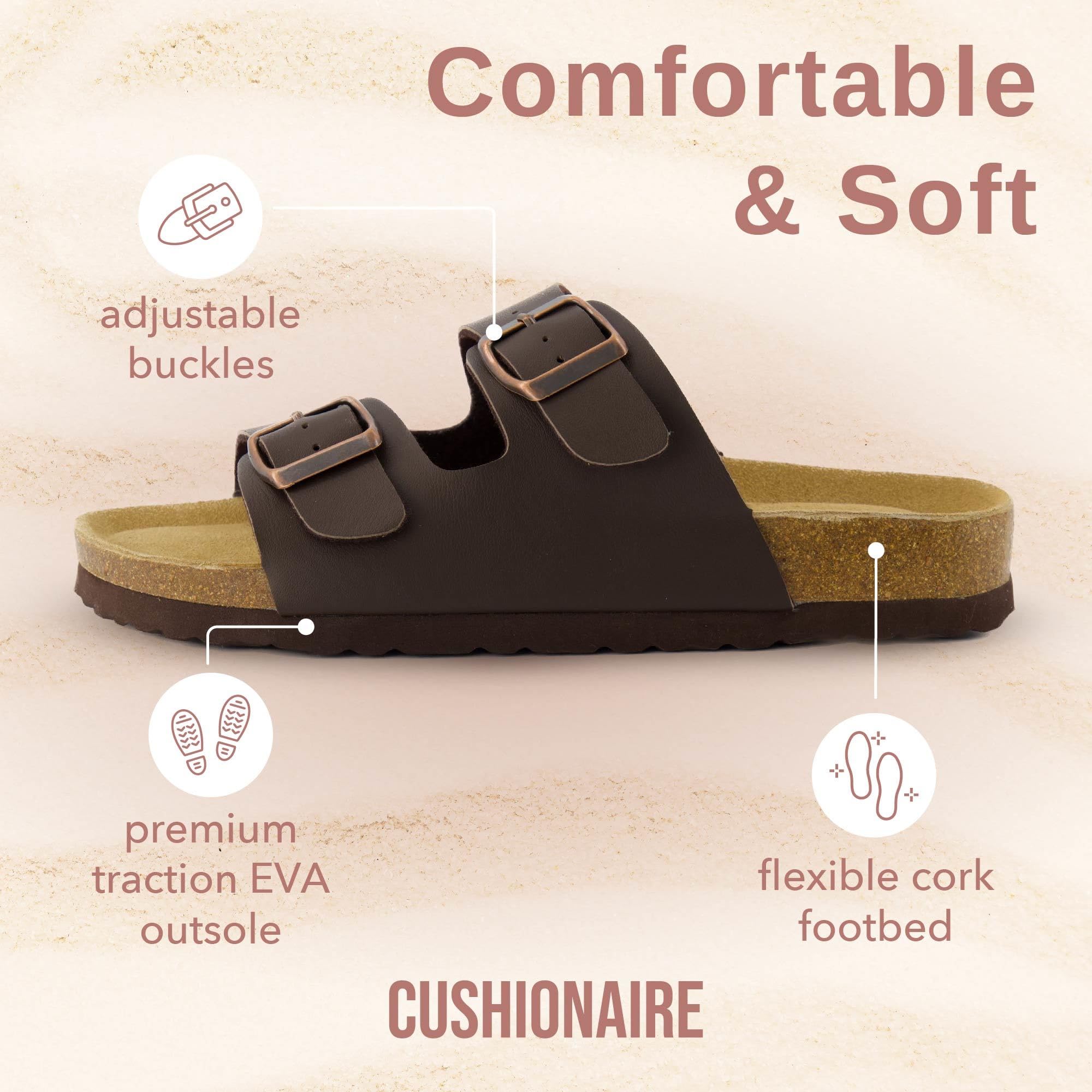 CUSHIONAIRE Lane Cork Footbed Sandals for Women – Comfortable Double Buckle Slip-On with Genuine Suede Footbed & Arch Support Slides for Women Footwear, BROWN 6