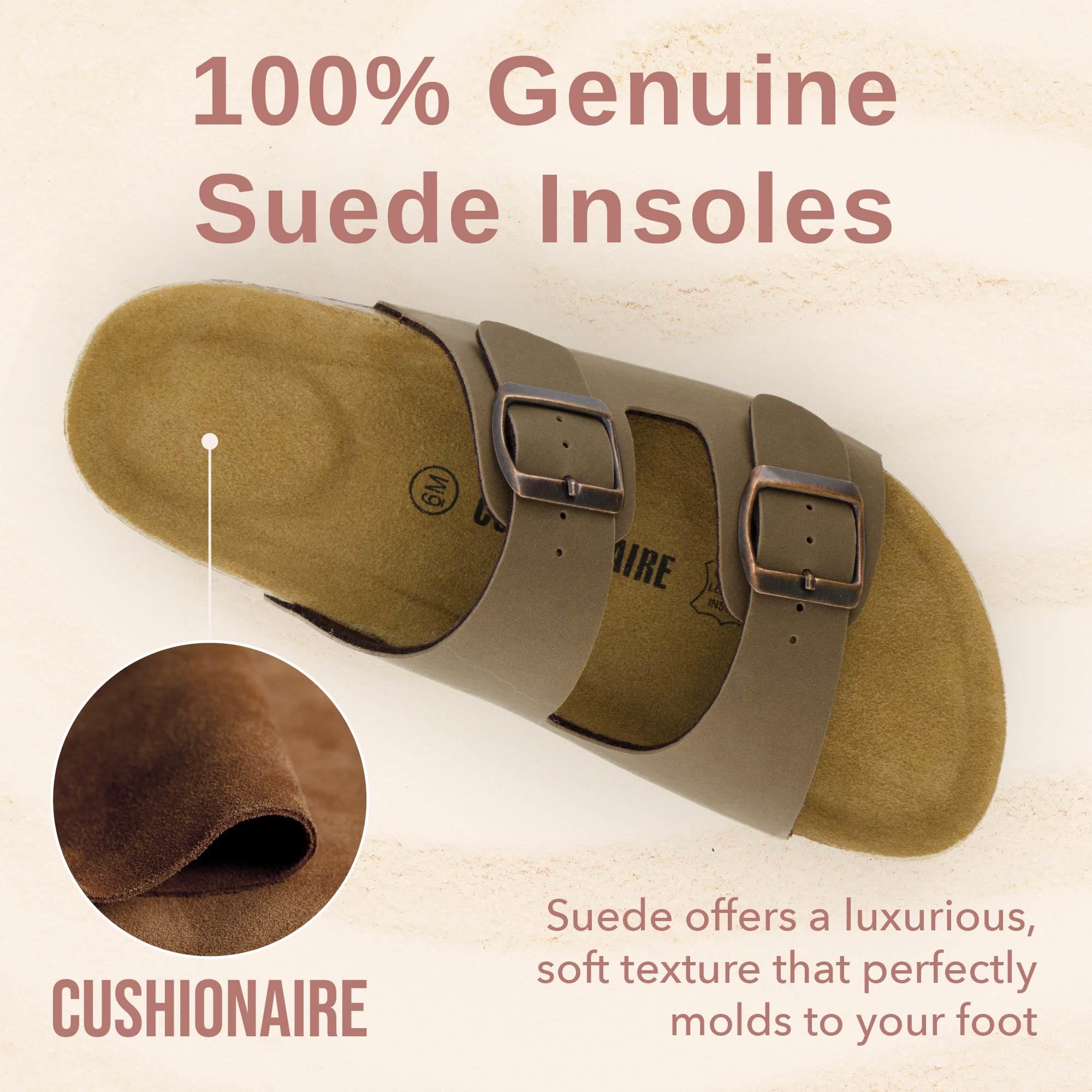 CUSHIONAIRE Lane Cork Footbed Sandals for Women – Comfortable Double Buckle Slip-On with Genuine Suede Footbed & Arch Support Slides for Women Footwear, BROWN 6