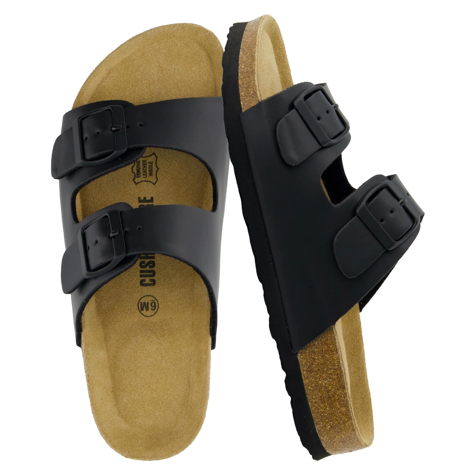 CUSHIONAIRE Lane Cork Footbed Sandals for Women – Comfortable Double Buckle Slip-On with Genuine Suede Footbed & Arch Support Slides for Women Footwear, BROWN 6