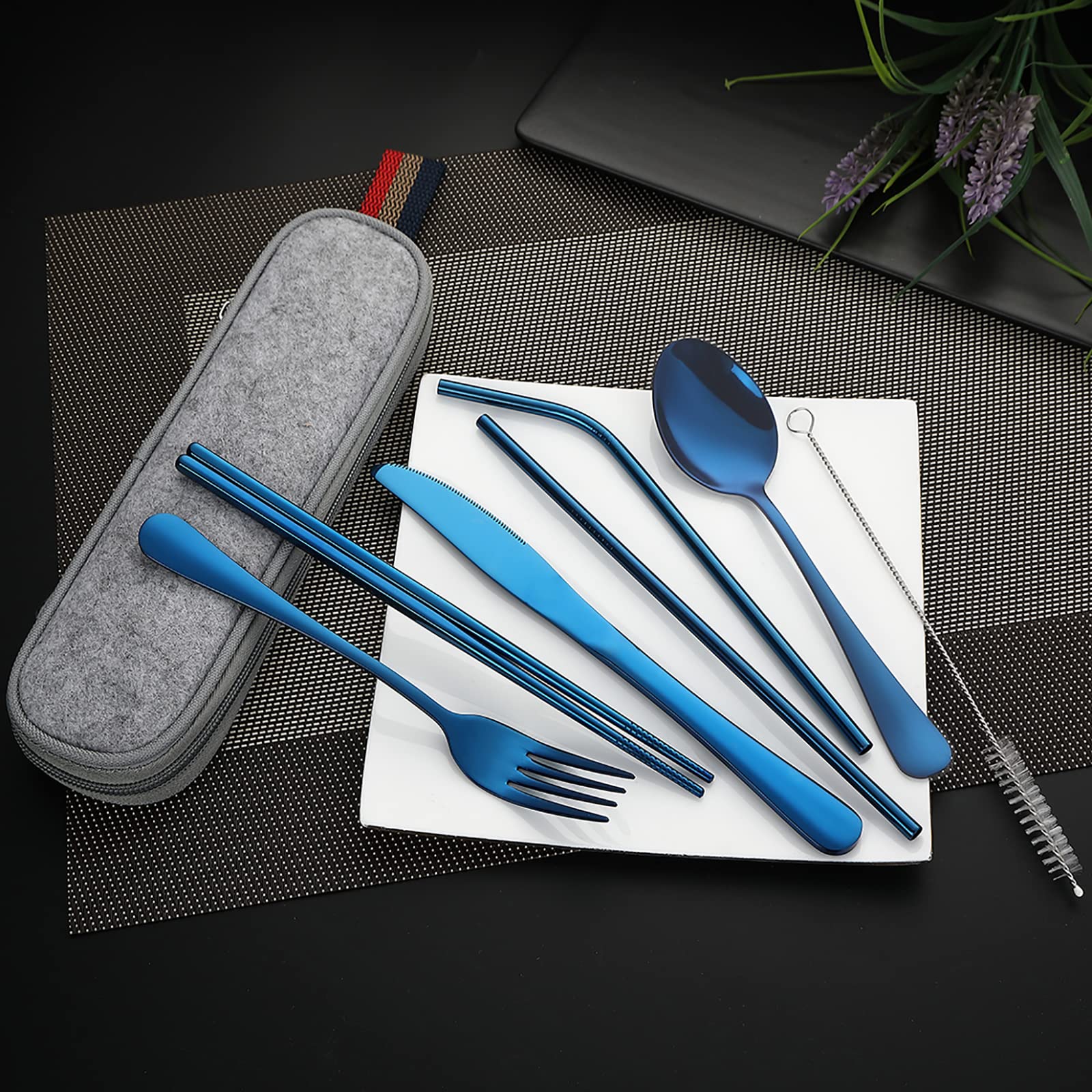 DEVICO Portable Utensils, Travel Camping Cutlery Set, 8-Piece including Knife Fork Spoon Chopsticks Cleaning Brush Straws Portable Case, Stainless Steel Flatware set (Silver)
