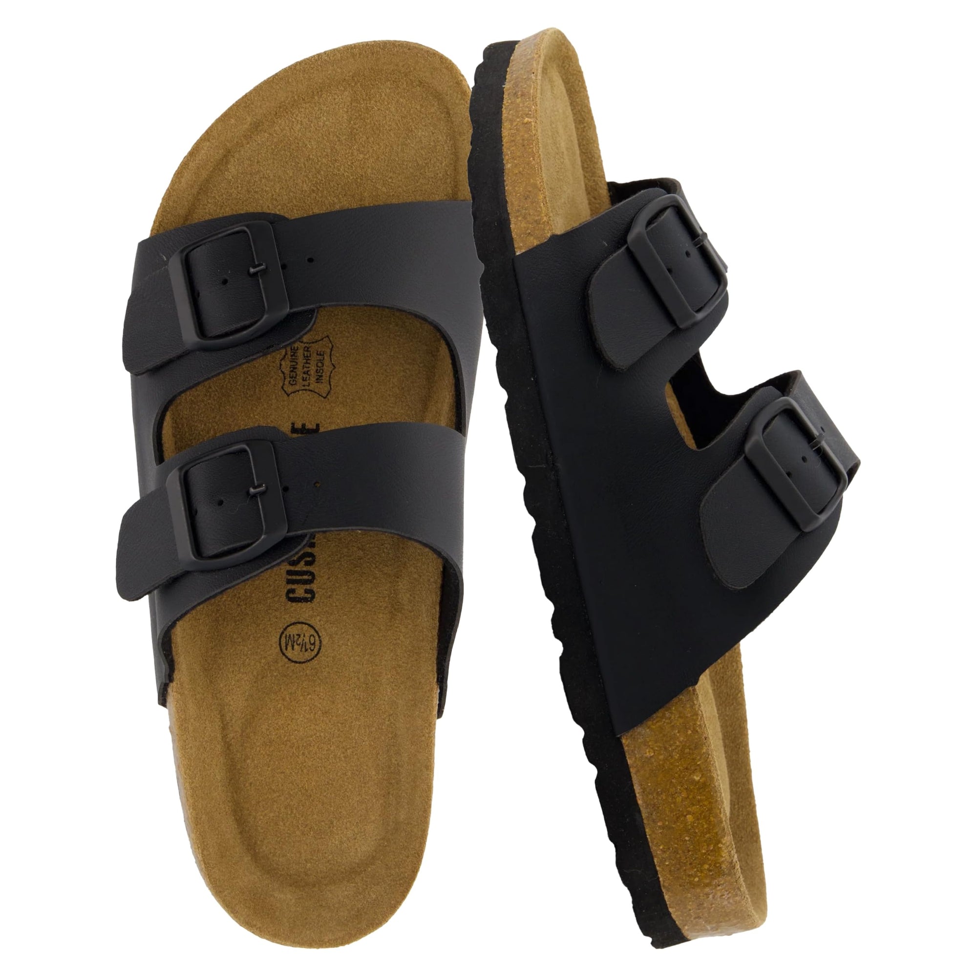 CUSHIONAIRE Lane Cork Footbed Sandals for Women – Comfortable Double Buckle Slip-On with Genuine Suede Footbed & Arch Support Slides for Women Footwear, BROWN 6