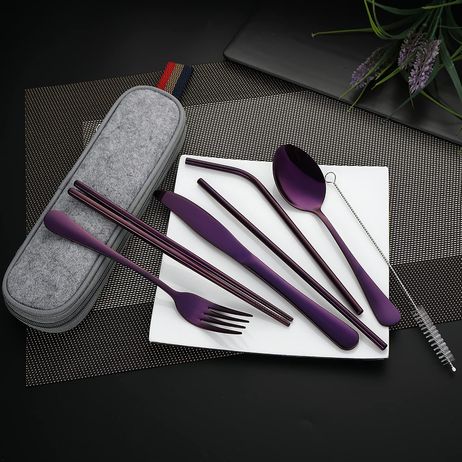 DEVICO Portable Utensils, Travel Camping Cutlery Set, 8-Piece including Knife Fork Spoon Chopsticks Cleaning Brush Straws Portable Case, Stainless Steel Flatware set (Silver)
