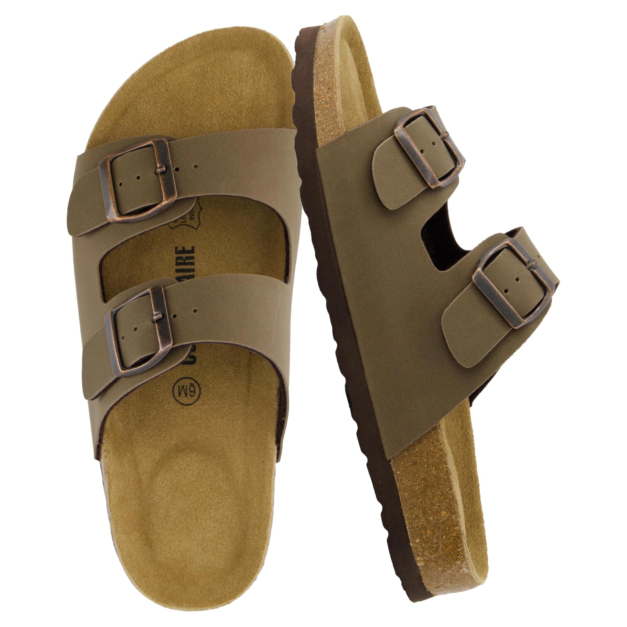 CUSHIONAIRE Lane Cork Footbed Sandals for Women – Comfortable Double Buckle Slip-On with Genuine Suede Footbed & Arch Support Slides for Women Footwear, BROWN 6