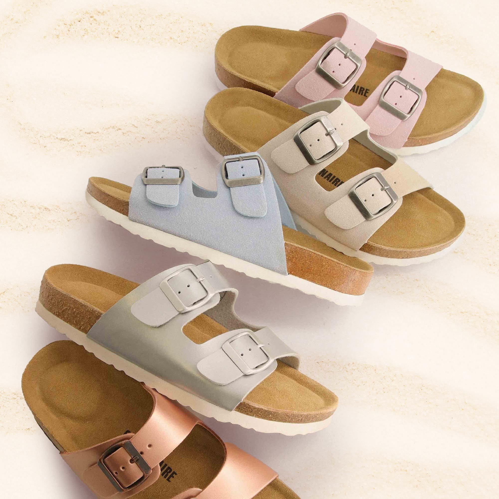 CUSHIONAIRE Lane Cork Footbed Sandals for Women – Comfortable Double Buckle Slip-On with Genuine Suede Footbed & Arch Support Slides for Women Footwear, BROWN 6
