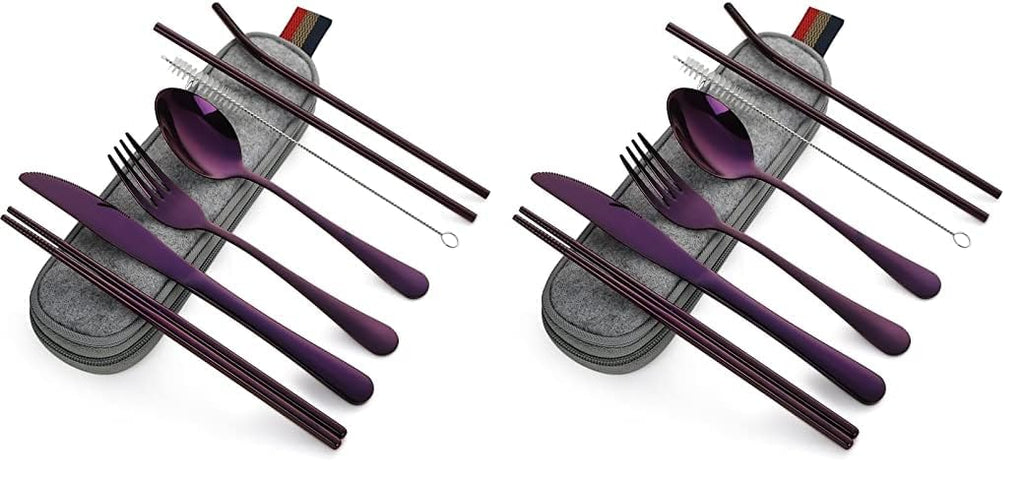DEVICO Portable Utensils, Travel Camping Cutlery Set, 8-Piece including Knife Fork Spoon Chopsticks Cleaning Brush Straws Portable Case, Stainless Steel Flatware set (Silver)