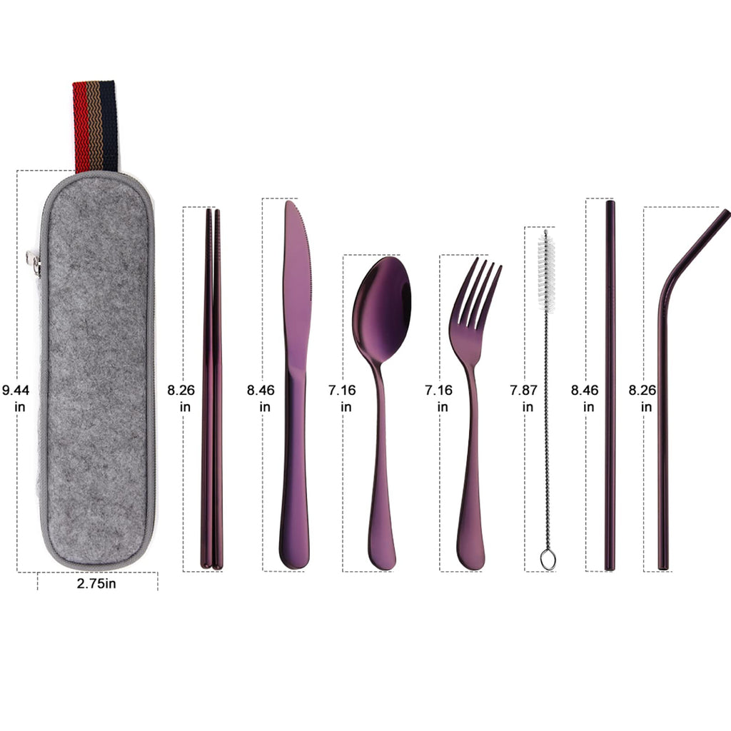 DEVICO Portable Utensils, Travel Camping Cutlery Set, 8-Piece including Knife Fork Spoon Chopsticks Cleaning Brush Straws Portable Case, Stainless Steel Flatware set (Silver)