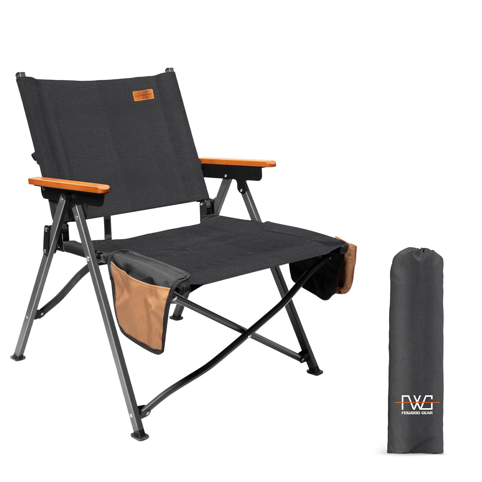 FEIWOOD GEAR Portable Folding Camping Chair with Wood Armrests Perfect for Camping Picnic Beach and Fishing