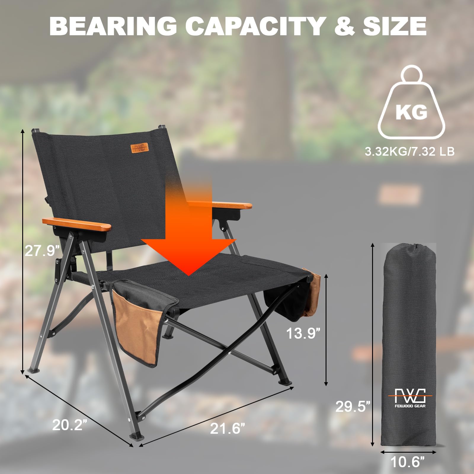 FEIWOOD GEAR Portable Folding Camping Chair with Wood Armrests Perfect for Camping Picnic Beach and Fishing