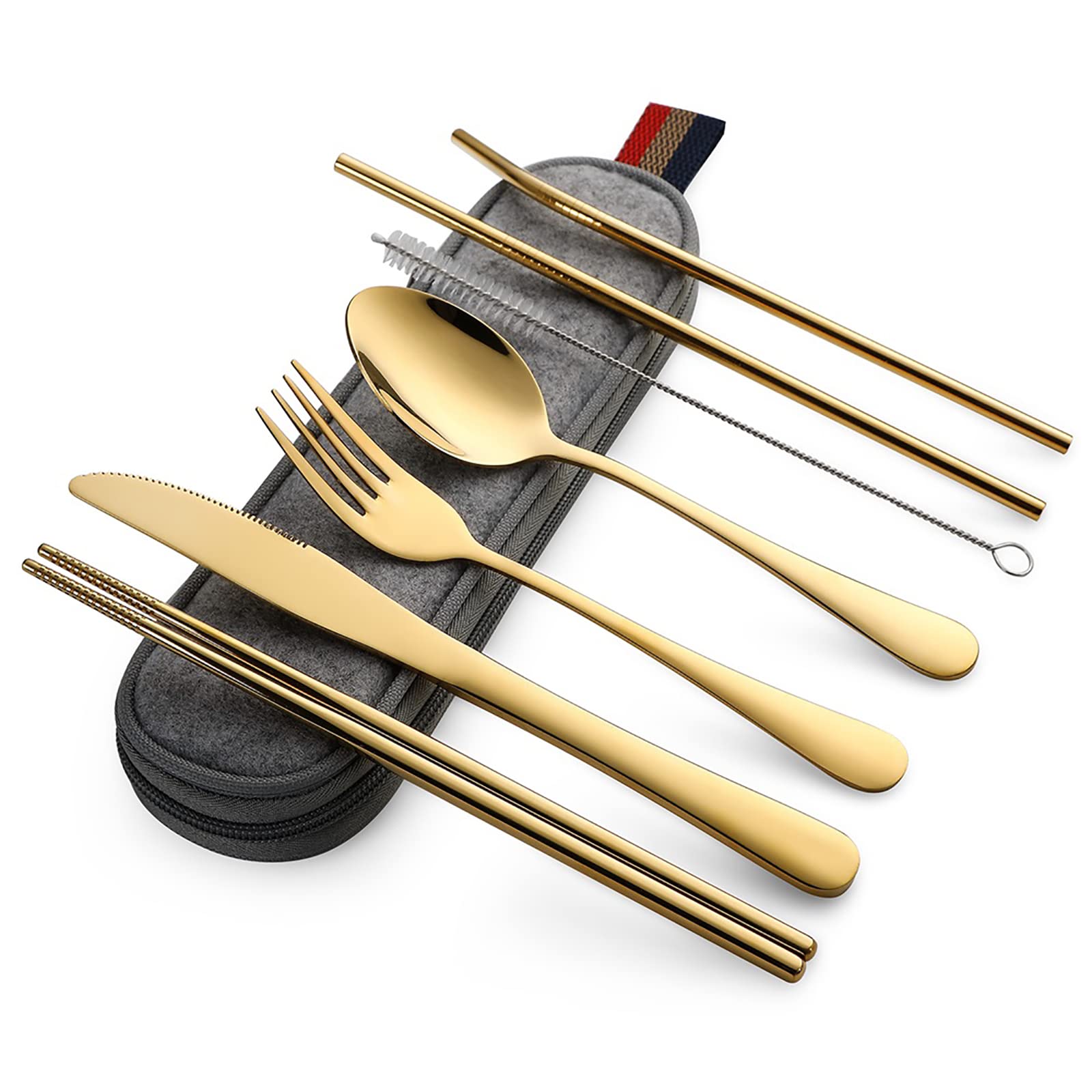 DEVICO Portable Utensils, Travel Camping Cutlery Set, 8-Piece including Knife Fork Spoon Chopsticks Cleaning Brush Straws Portable Case, Stainless Steel Flatware set (Silver)