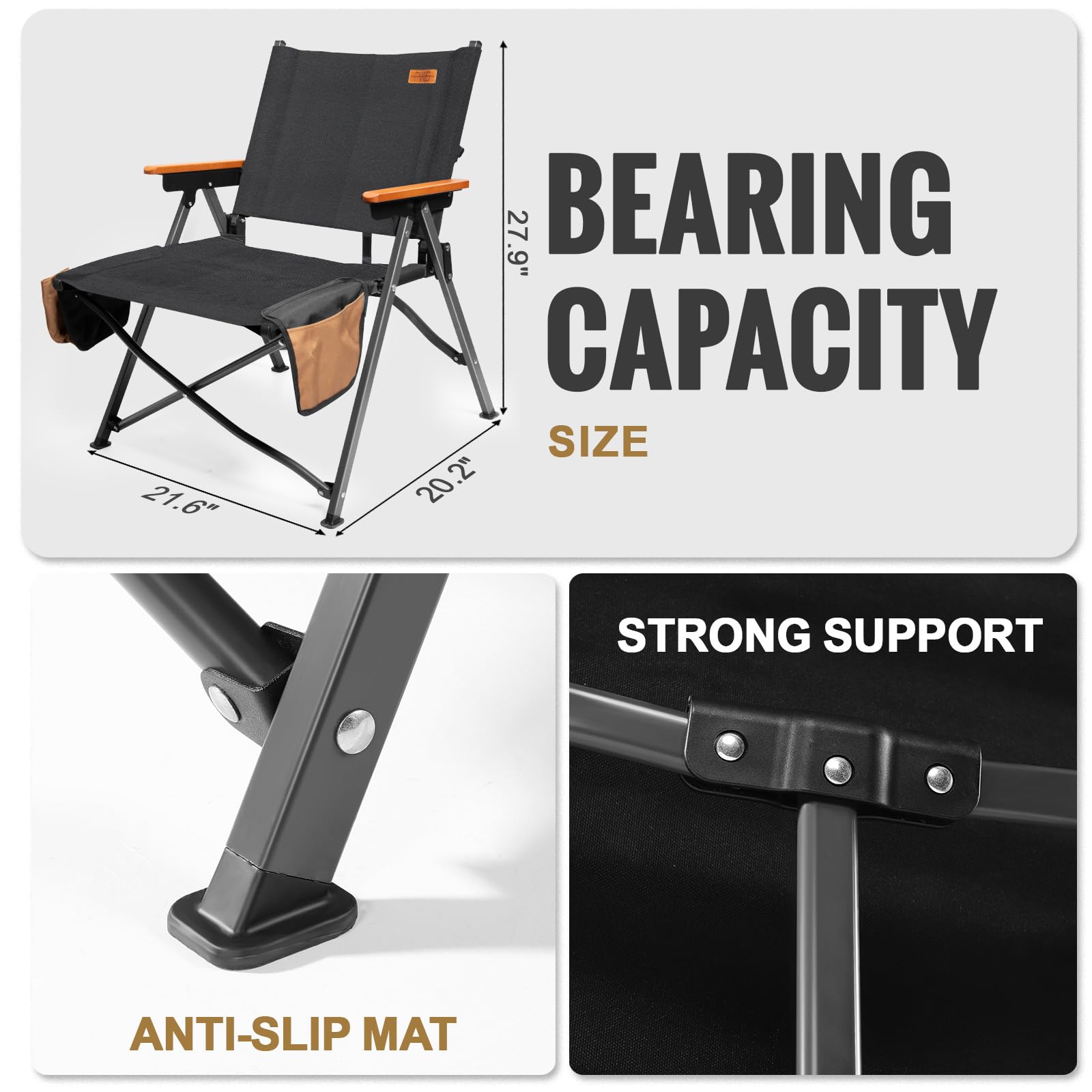 FEIWOOD GEAR Portable Folding Camping Chair with Wood Armrests Perfect for Camping Picnic Beach and Fishing