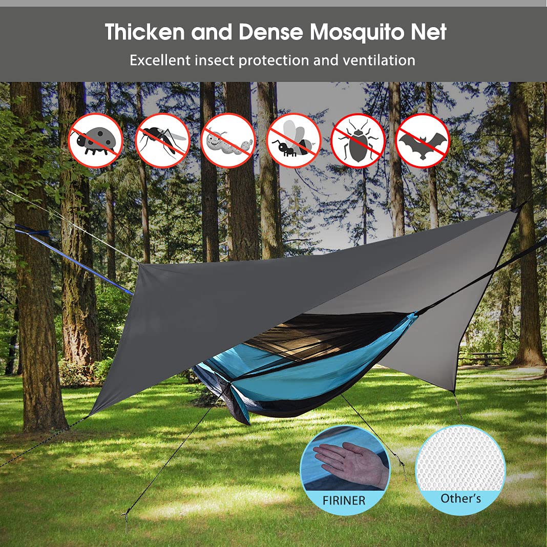 FIRINER Camping Hammock with Rain Fly Tarp and Mosquito Net Tent Tree Straps, Portable Single Double Nylon Parachute Hammock Rainfly Set for Backpacking Hiking Travel Yard Outdoor Activities Green