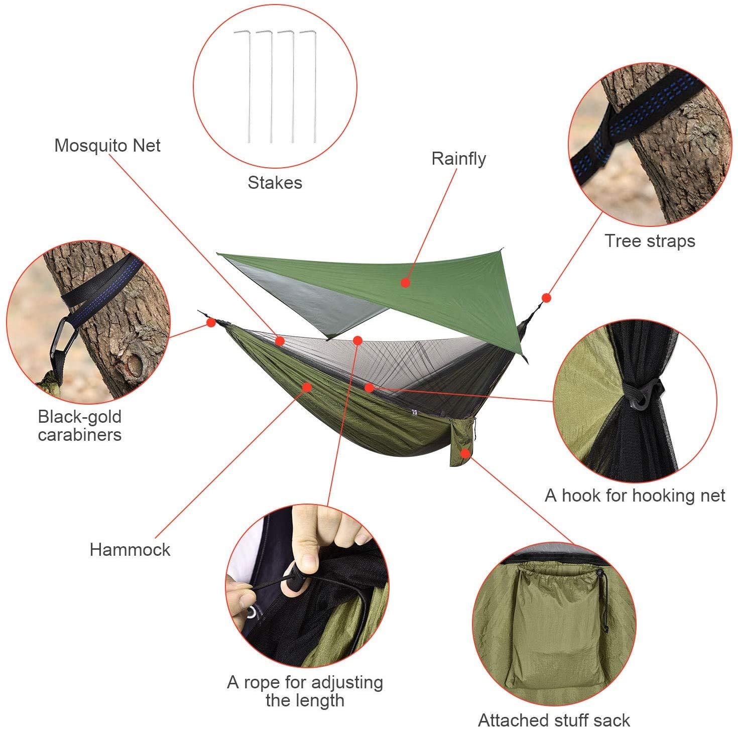 FIRINER Camping Hammock with Rain Fly Tarp and Mosquito Net Tent Tree Straps, Portable Single Double Nylon Parachute Hammock Rainfly Set for Backpacking Hiking Travel Yard Outdoor Activities Green