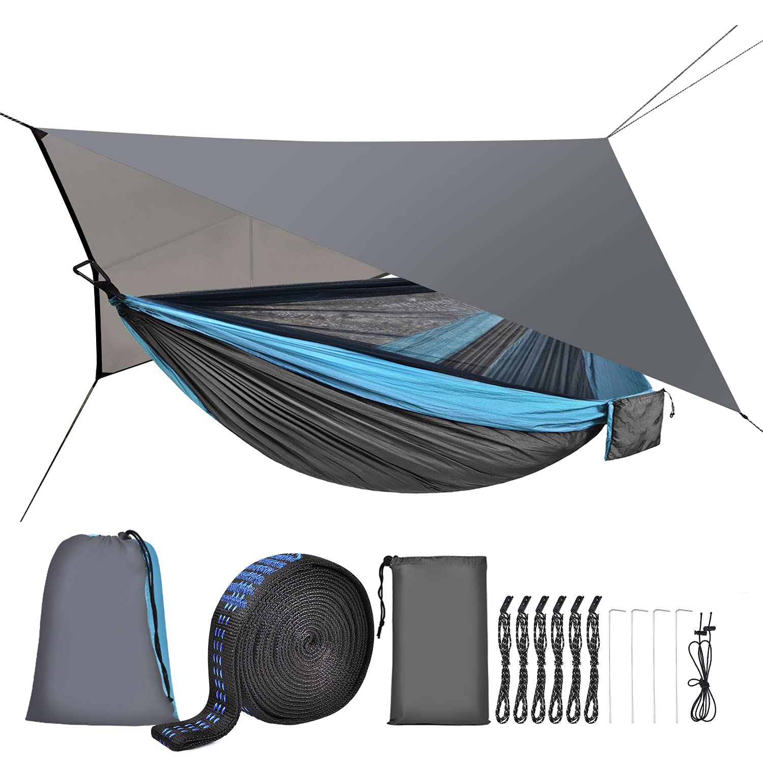 FIRINER Camping Hammock with Rain Fly Tarp and Mosquito Net Tent Tree Straps, Portable Single Double Nylon Parachute Hammock Rainfly Set for Backpacking Hiking Travel Yard Outdoor Activities Green