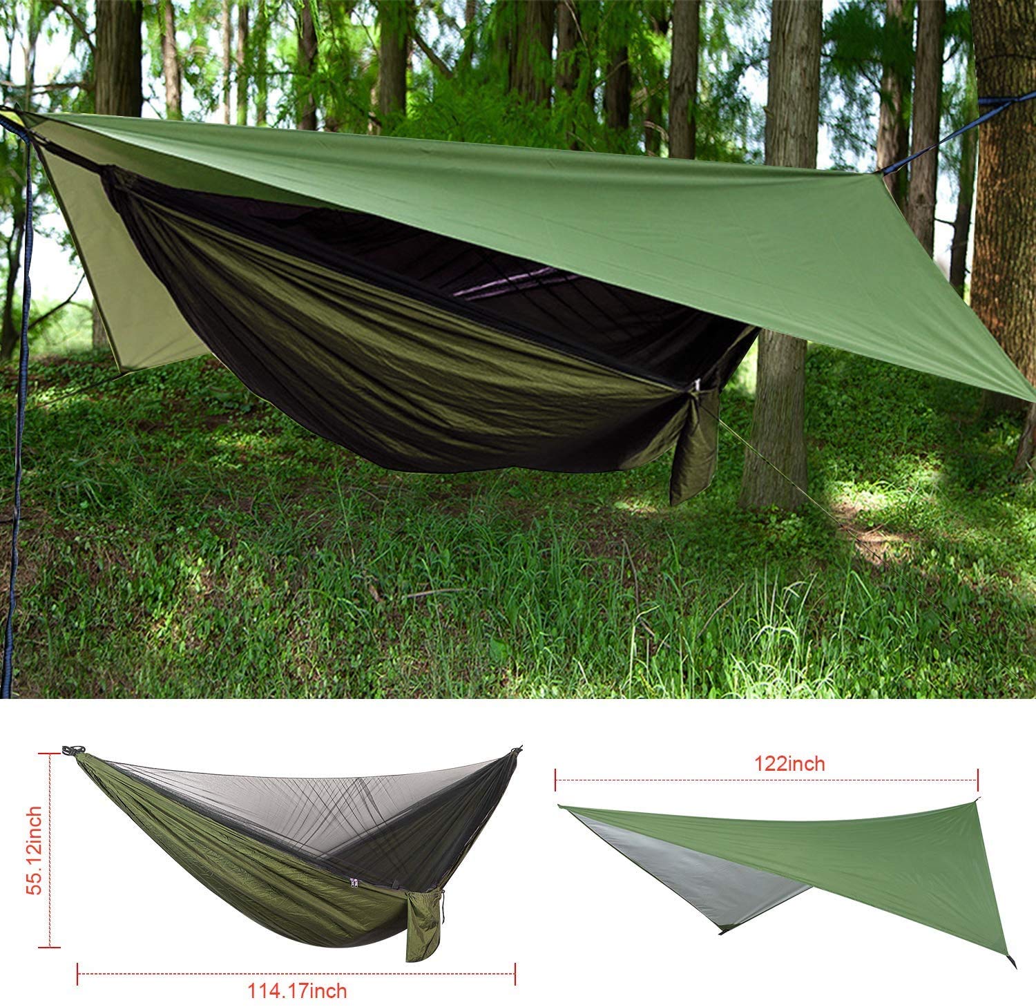 FIRINER Camping Hammock with Rain Fly Tarp and Mosquito Net Tent Tree Straps, Portable Single Double Nylon Parachute Hammock Rainfly Set for Backpacking Hiking Travel Yard Outdoor Activities Green