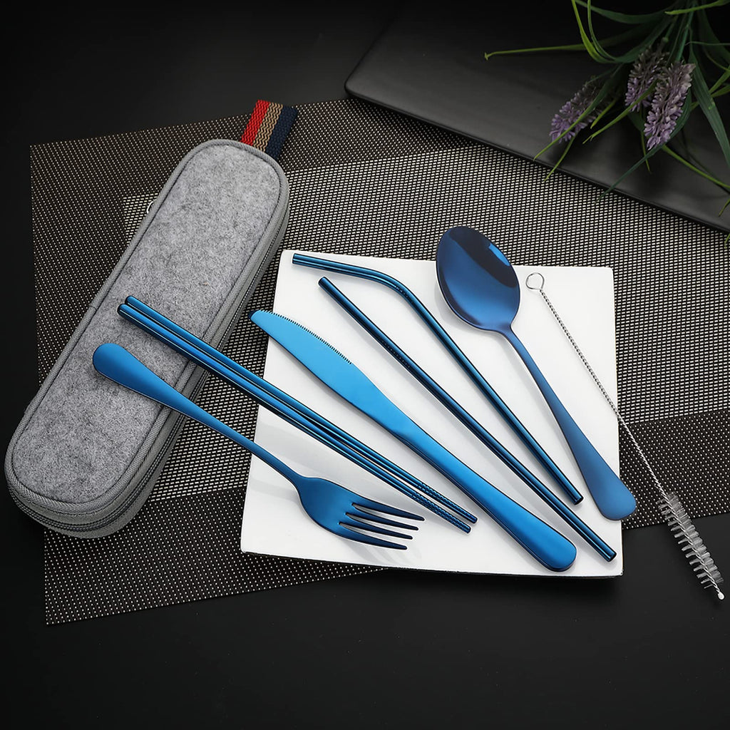DEVICO Portable Utensils, Travel Camping Cutlery Set, 8-Piece including Knife Fork Spoon Chopsticks Cleaning Brush Straws Portable Case, Stainless Steel Flatware set (Silver)