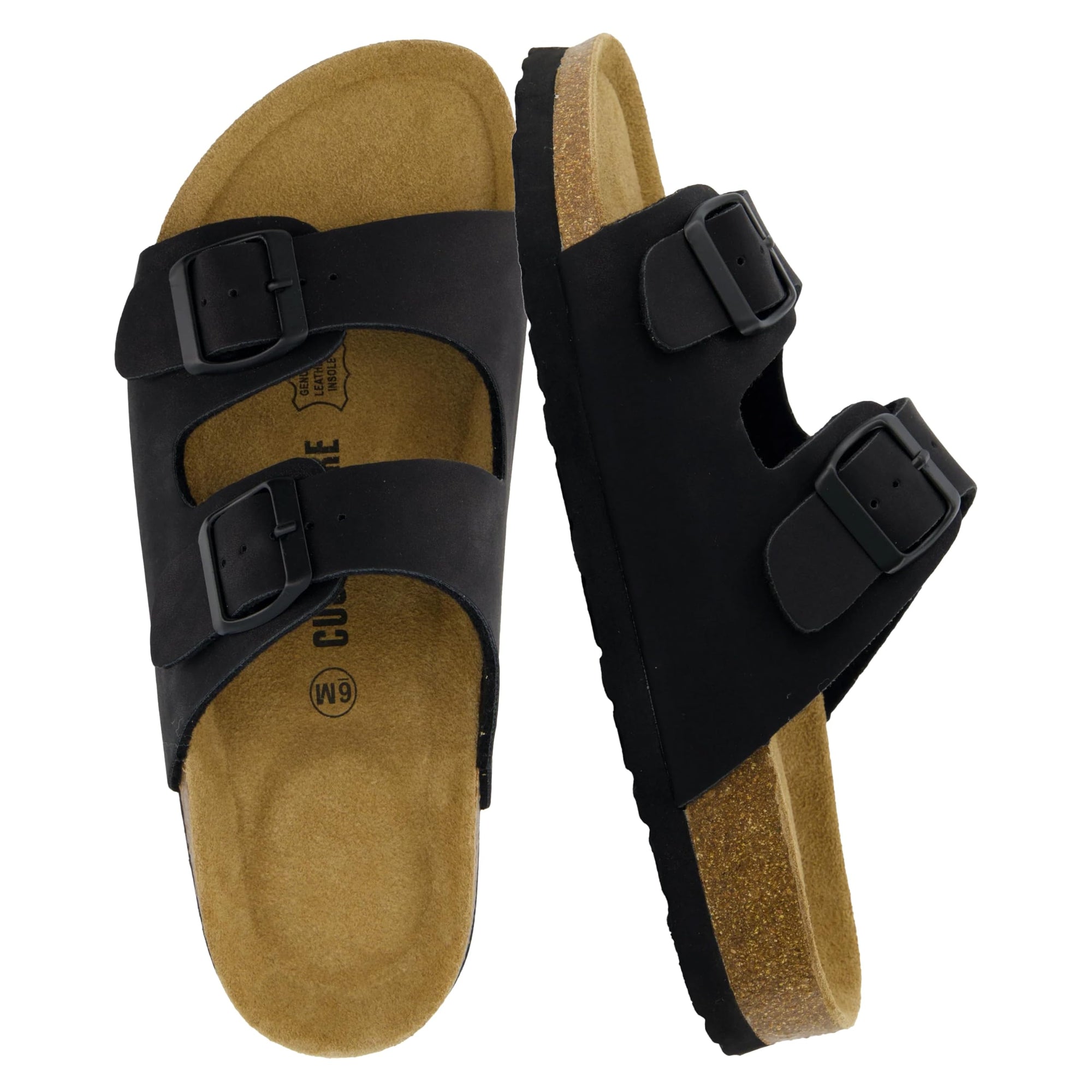 CUSHIONAIRE Lane Cork Footbed Sandals for Women – Comfortable Double Buckle Slip-On with Genuine Suede Footbed & Arch Support Slides for Women Footwear, BROWN 6