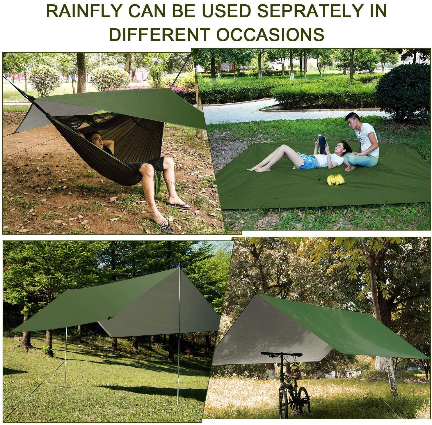 FIRINER Camping Hammock with Rain Fly Tarp and Mosquito Net Tent Tree Straps, Portable Single Double Nylon Parachute Hammock Rainfly Set for Backpacking Hiking Travel Yard Outdoor Activities Green